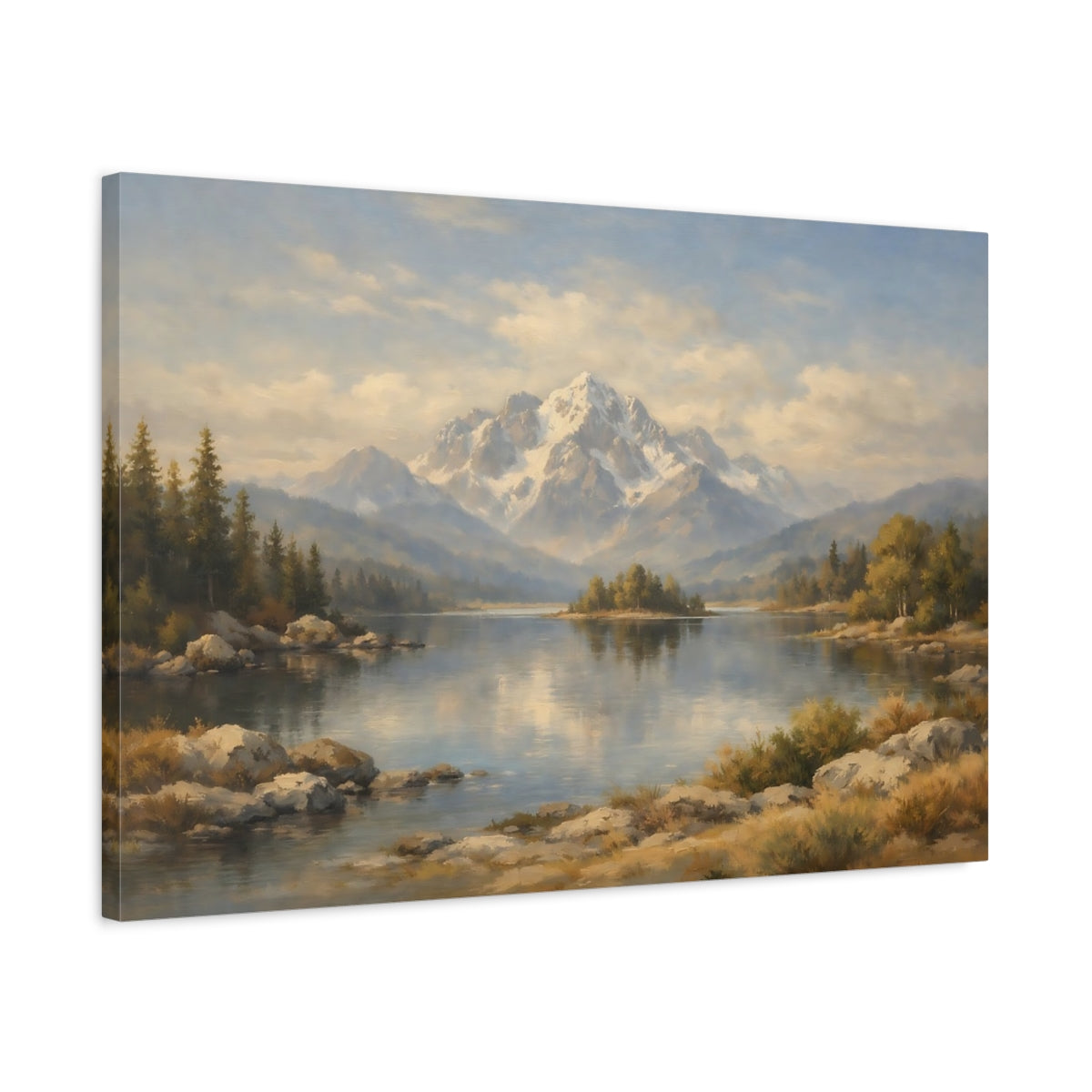 Side Mockup 2. Nature Snowy Mountains Mountain Lake Landscape shown as stretched canvas wall art