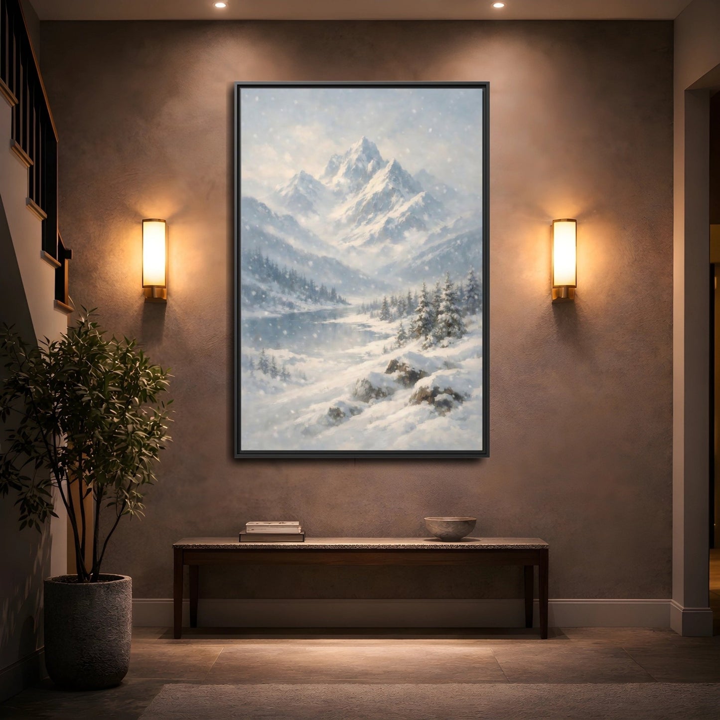 Nature Snowy Mountains Landscape - Framed Canvas Wall Art Print - YesArtYes