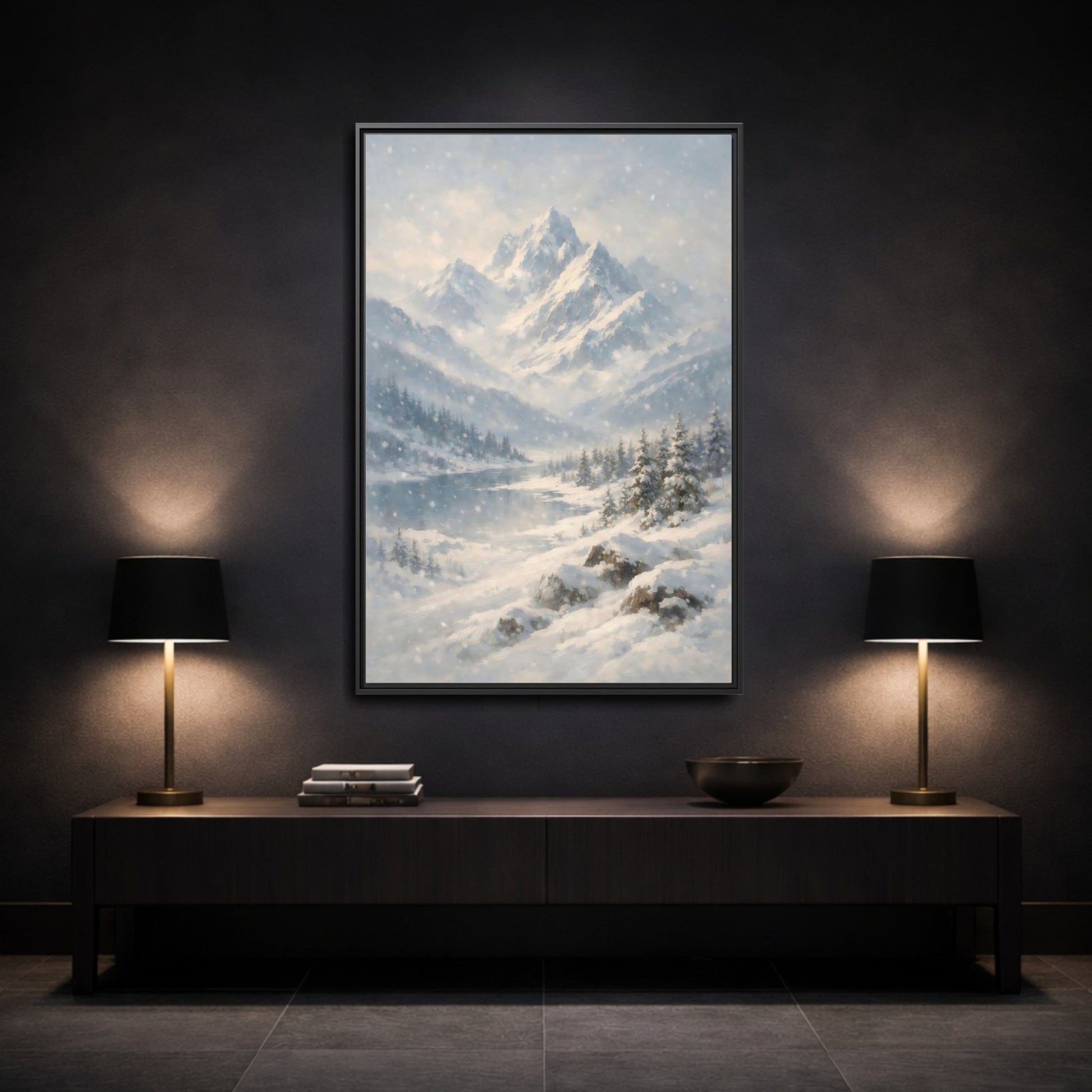 Nature Snowy Mountains Landscape - Framed Canvas Wall Art Print - YesArtYes