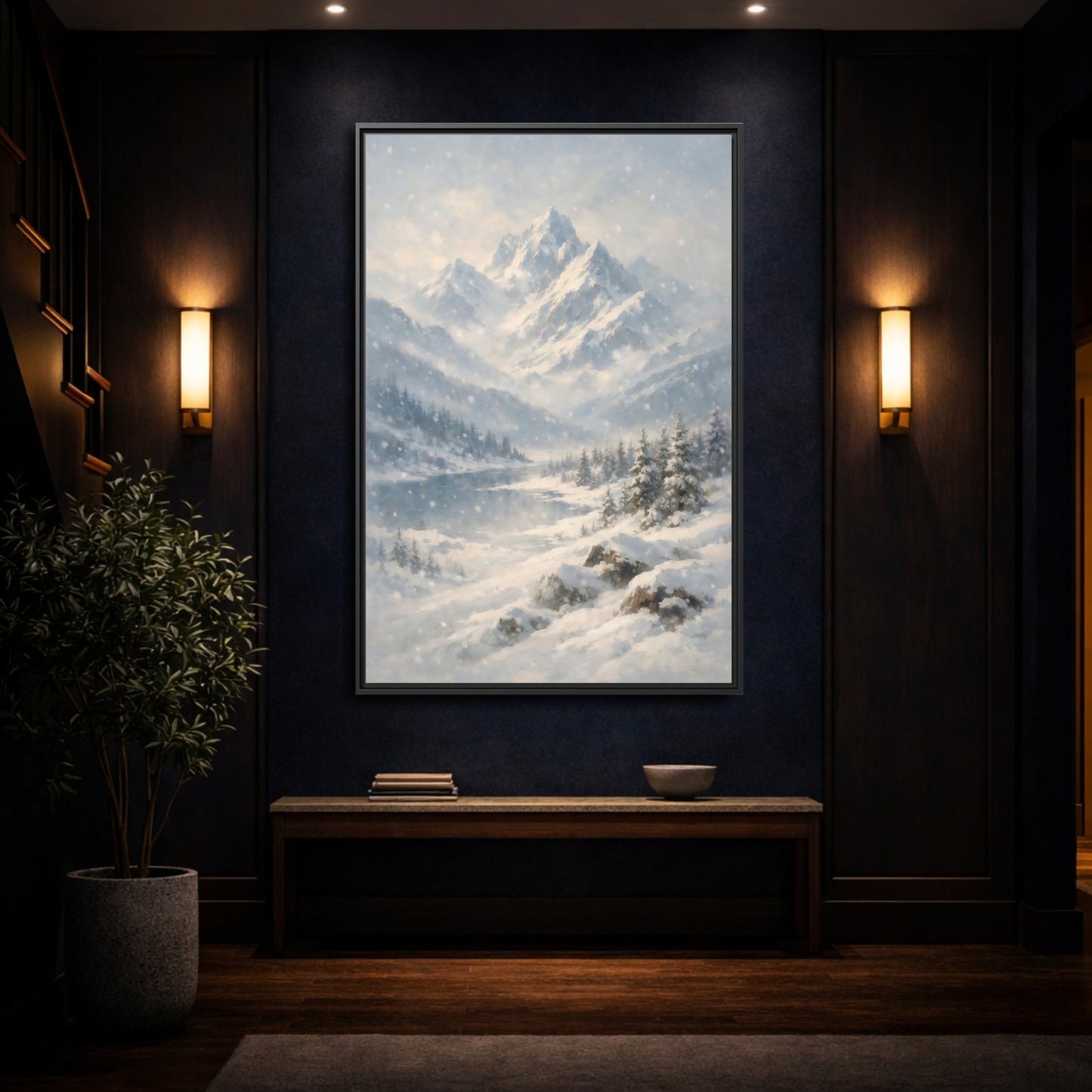 Nature Snowy Mountains Landscape - Framed Canvas Wall Art Print - YesArtYes