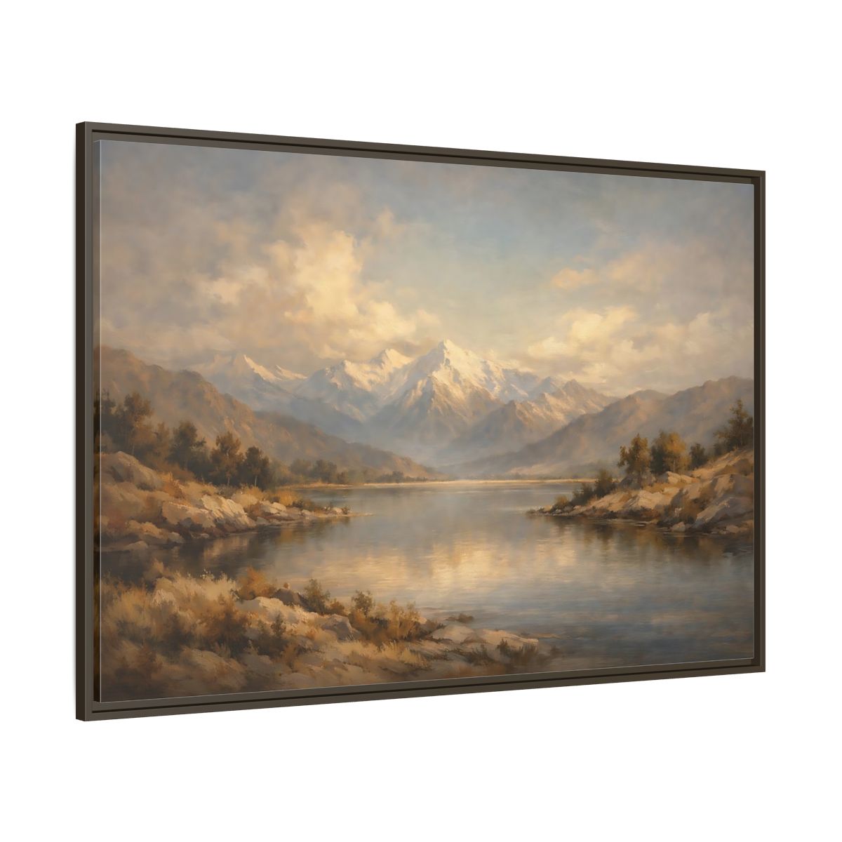 Main Mockup. Nature Snowy Mountains Mountain Lake shown as stretched canvas wall art