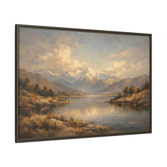 Main Mockup. Nature Snowy Mountains Mountain Lake shown as stretched canvas wall art