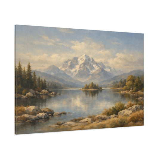 Main Mockup. Nature Snowy Mountains Mountain Lake Landscape shown as stretched canvas wall art