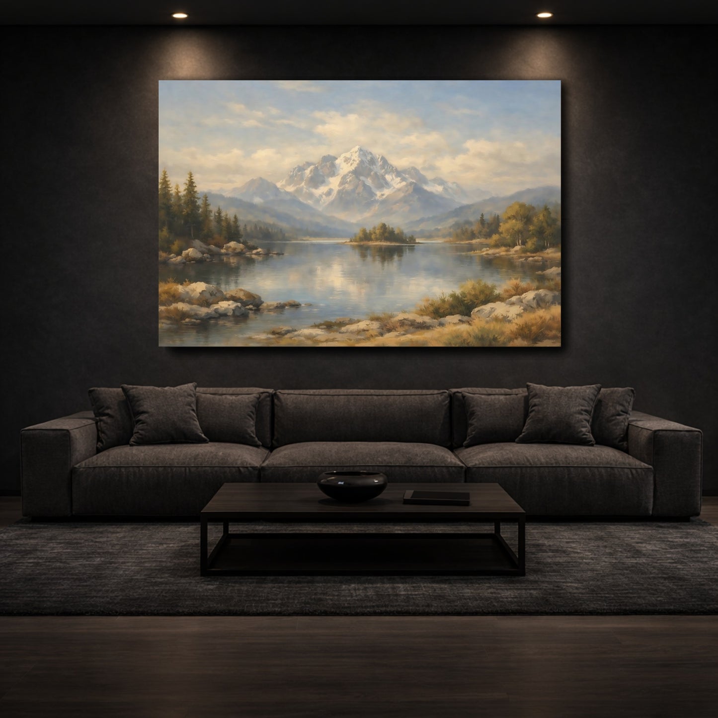 Mockup 2. Nature Snowy Mountains Mountain Lake Landscape shown as stretched canvas wall art