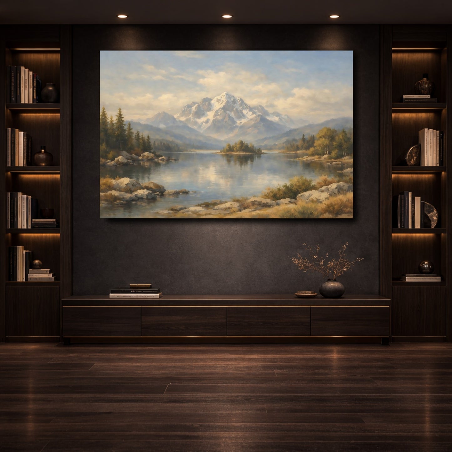 Mockup 3. Nature Snowy Mountains Mountain Lake Landscape shown as stretched canvas wall art