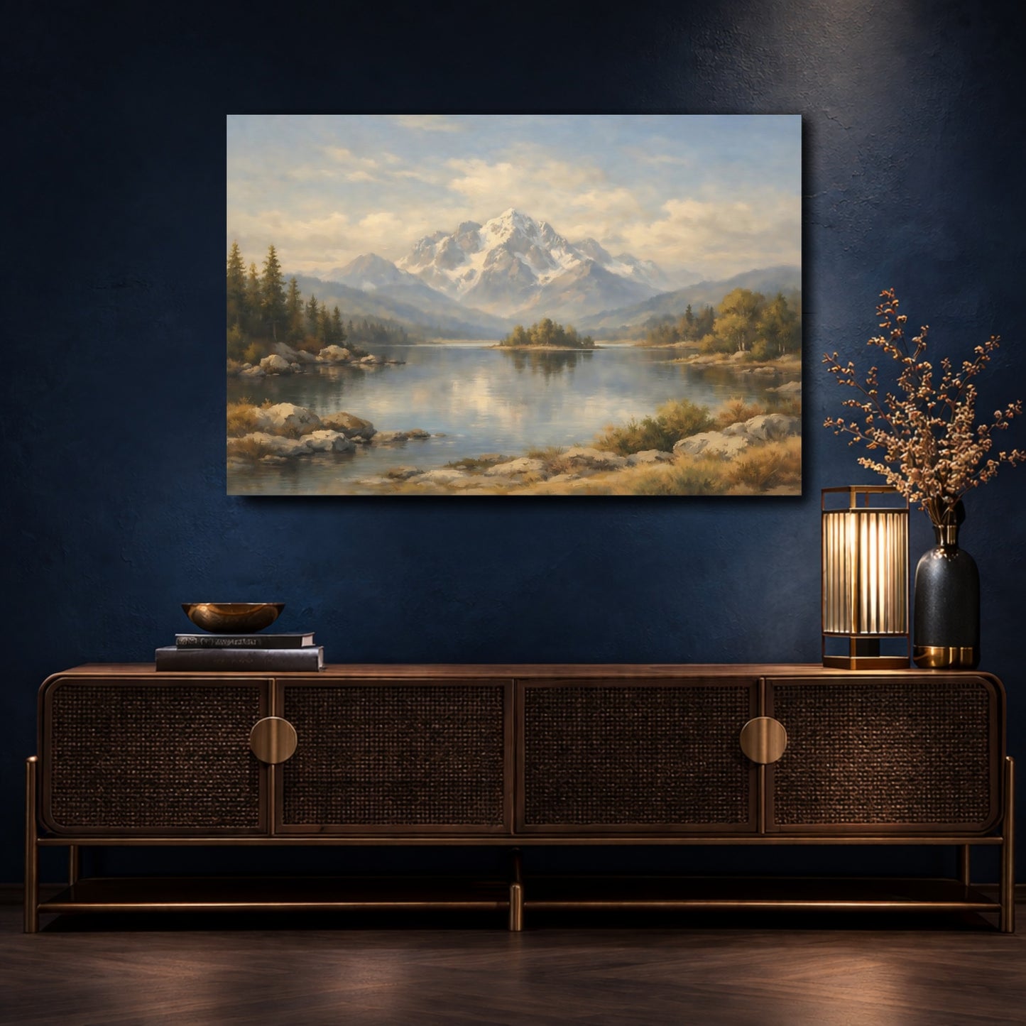 Mockup 4. Nature Snowy Mountains Mountain Lake Landscape shown as stretched canvas wall art