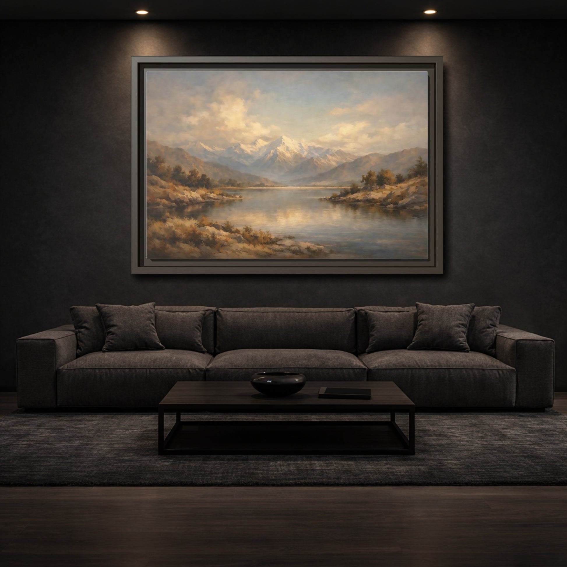 Mockup 2. Nature Snowy Mountains Mountain Lake shown as stretched canvas wall art