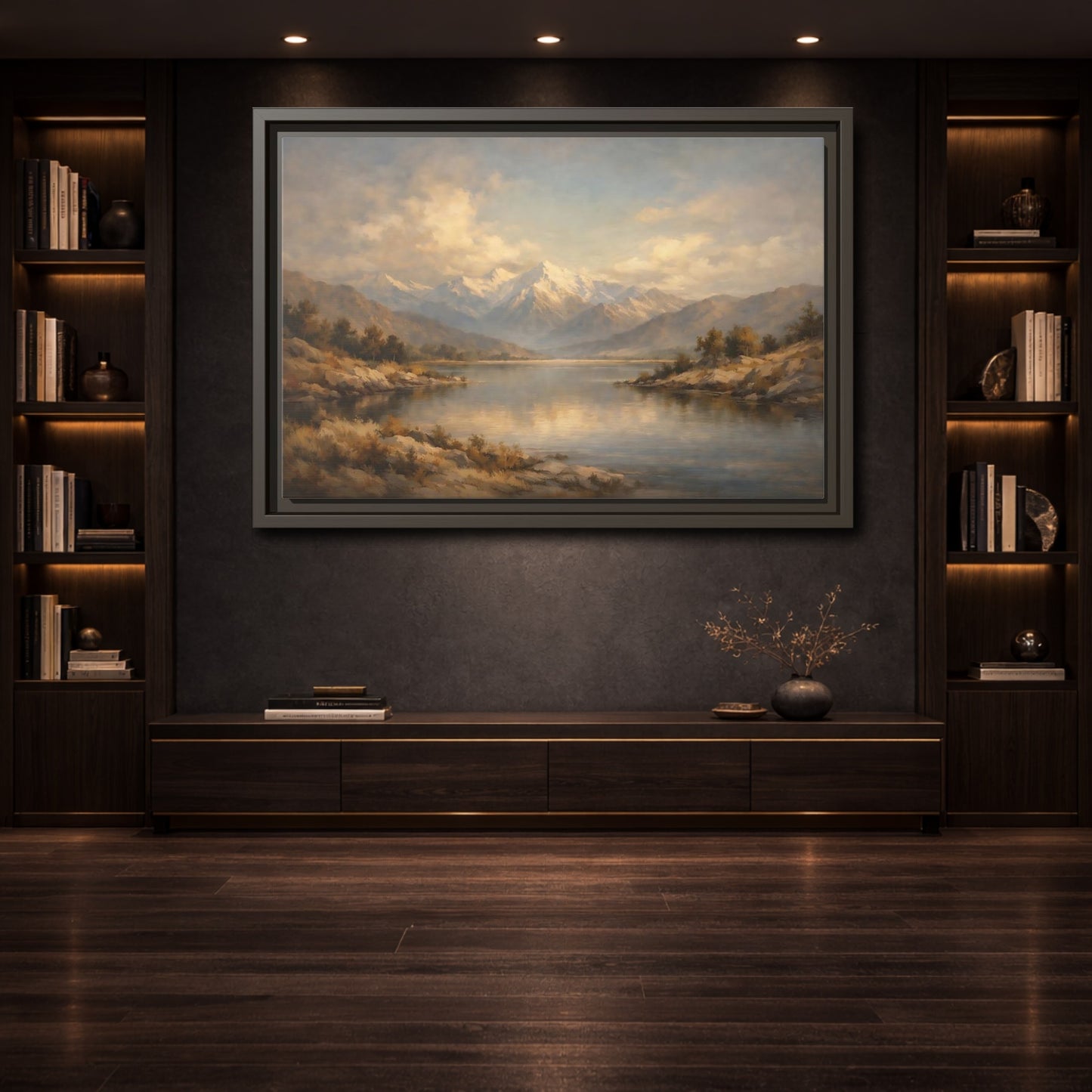 Mockup 3. Nature Snowy Mountains Mountain Lake shown as stretched canvas wall art