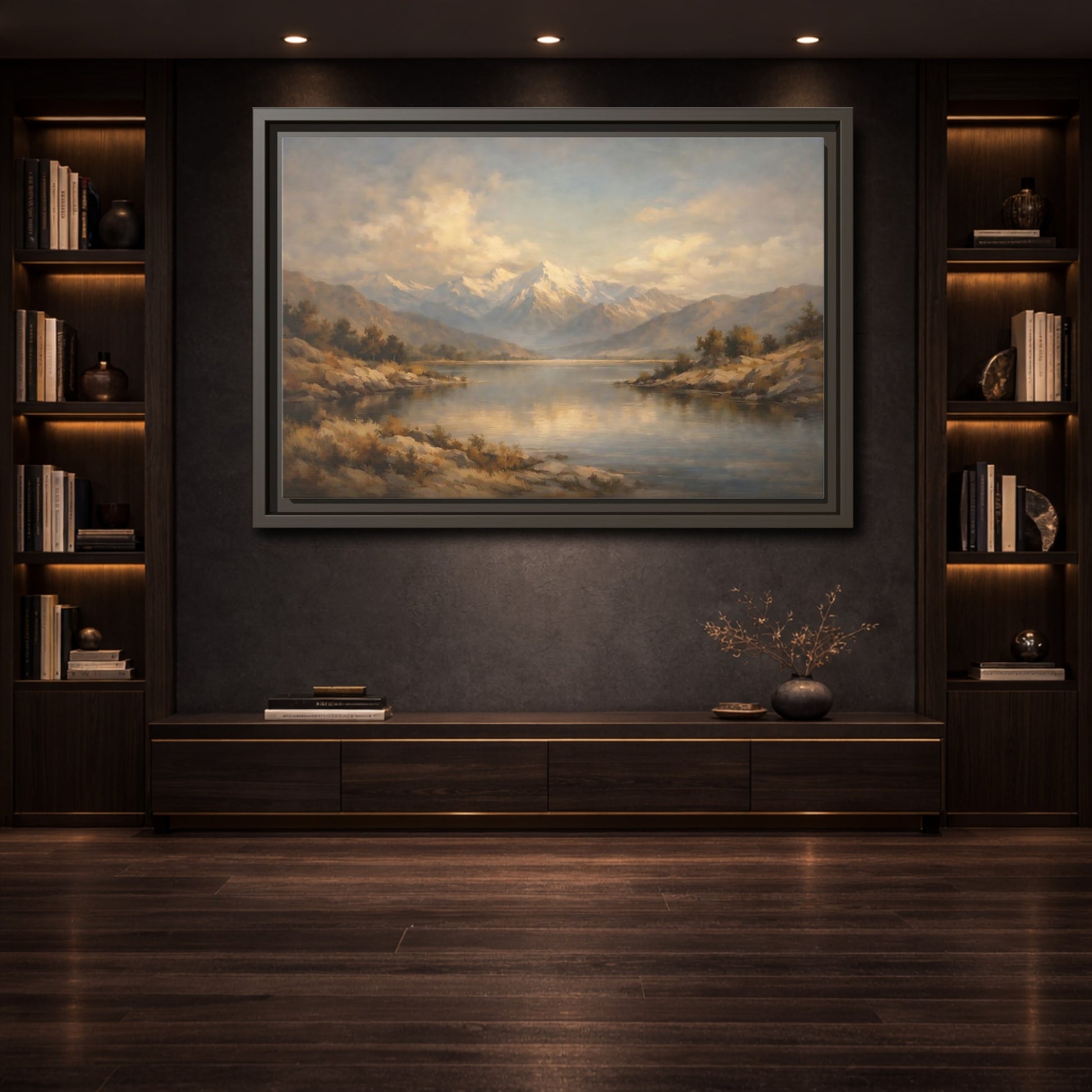 Mockup 3. Nature Snowy Mountains Mountain Lake shown as stretched canvas wall art