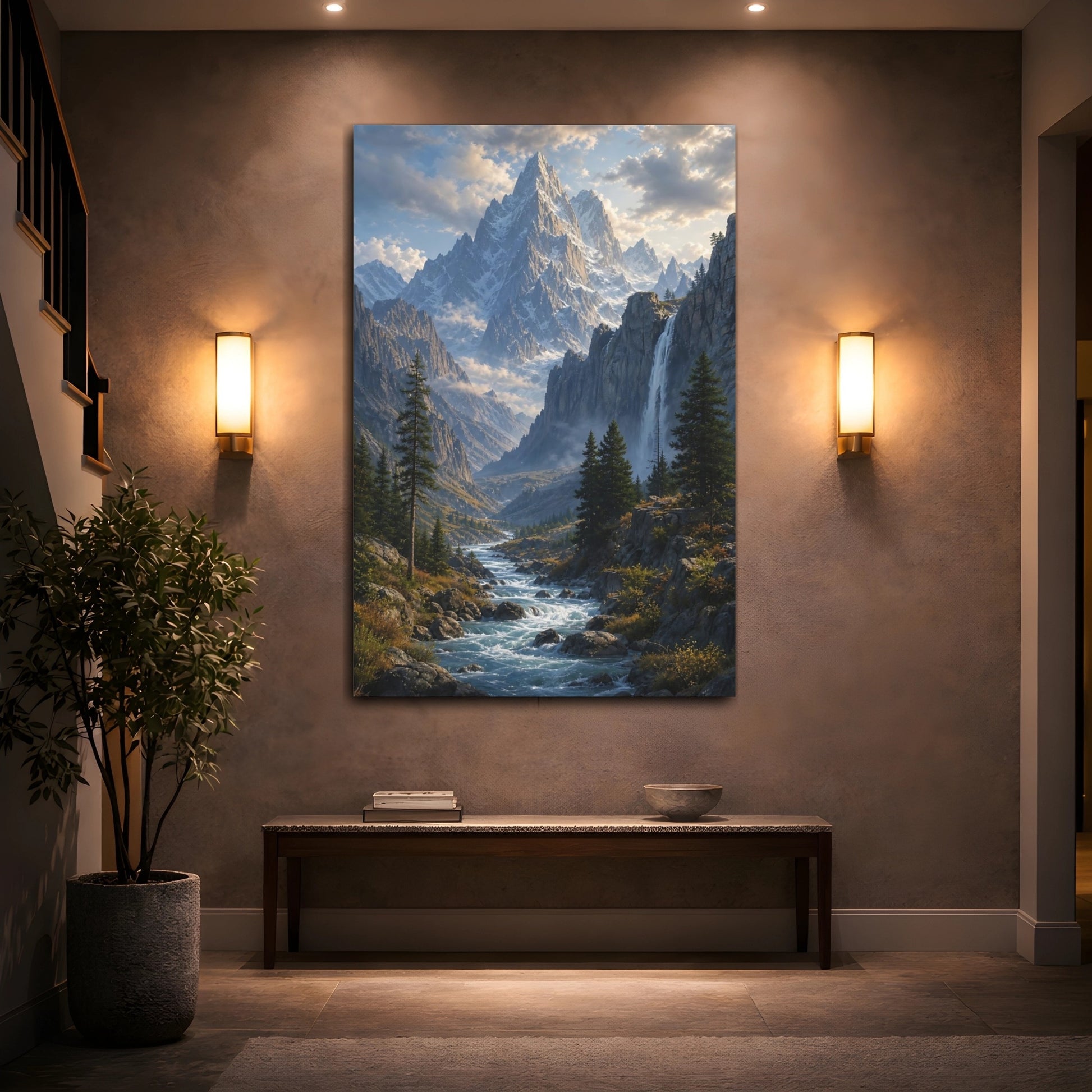 Mockup 2. Nature Snowy Mountains Mountain River shown as stretched canvas wall art