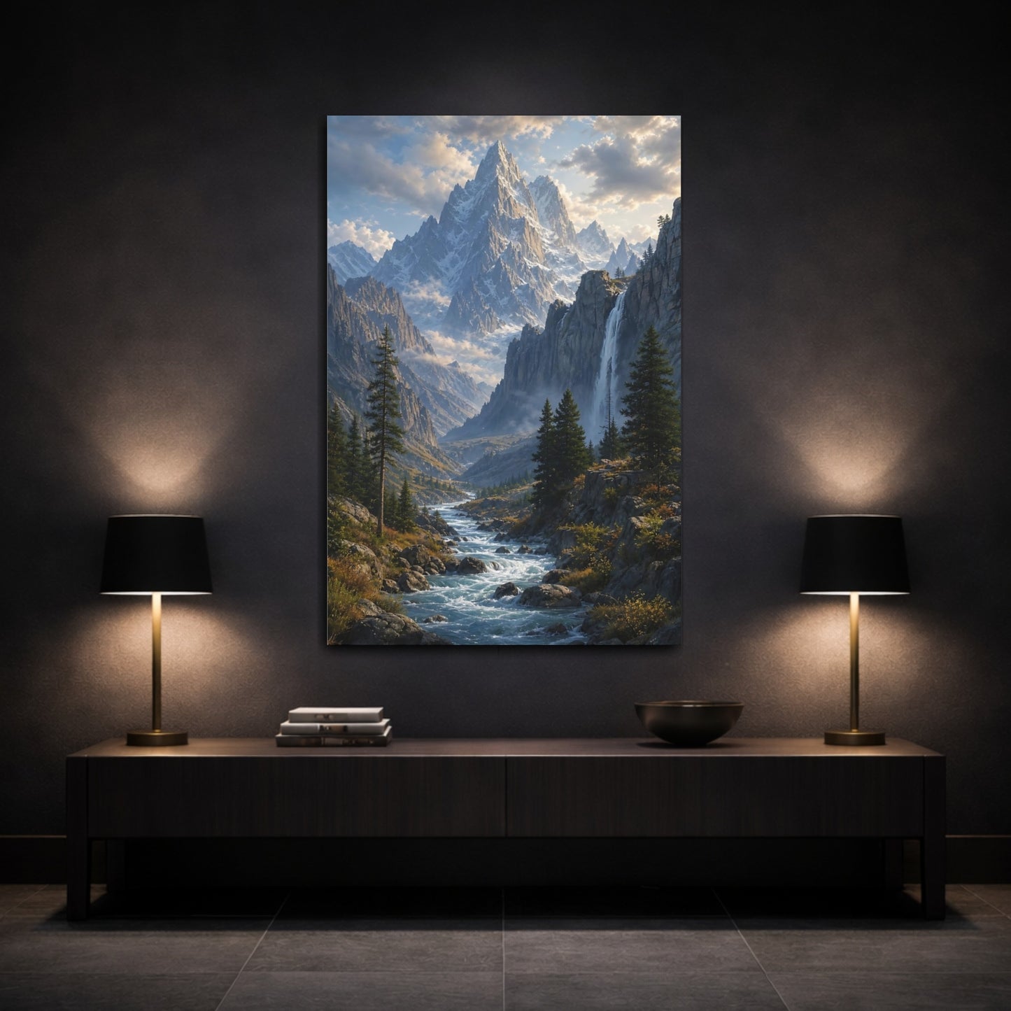 Mockup 3. Nature Snowy Mountains Mountain River shown as stretched canvas wall art