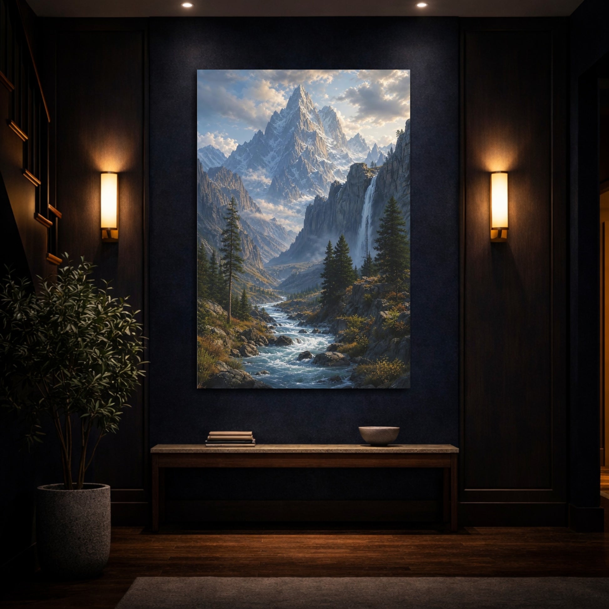 Mockup 4. Nature Snowy Mountains Mountain River shown as stretched canvas wall art