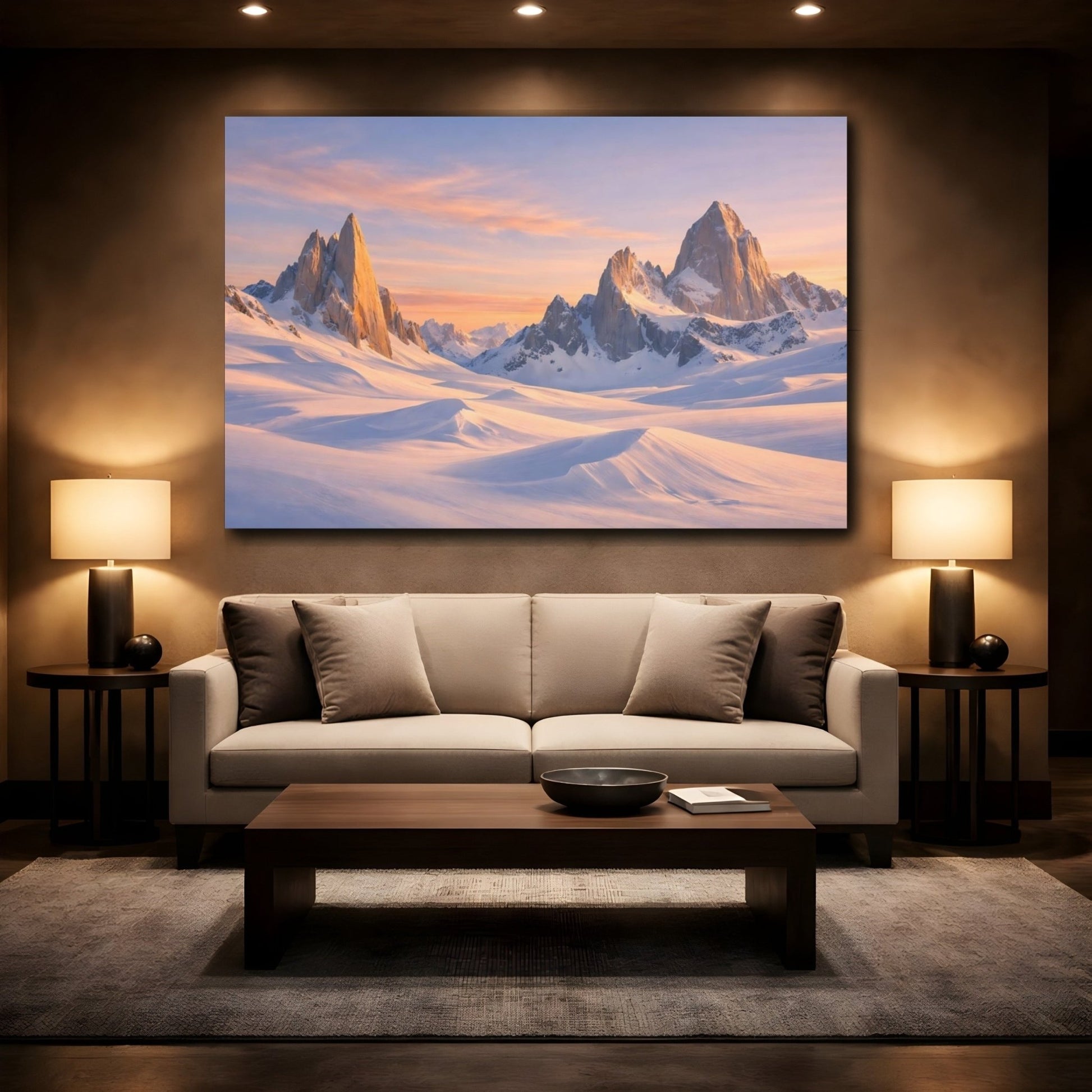 Nature Snowy Mountains Pink Sky - Canvas Wall Art Print - YesArtYes