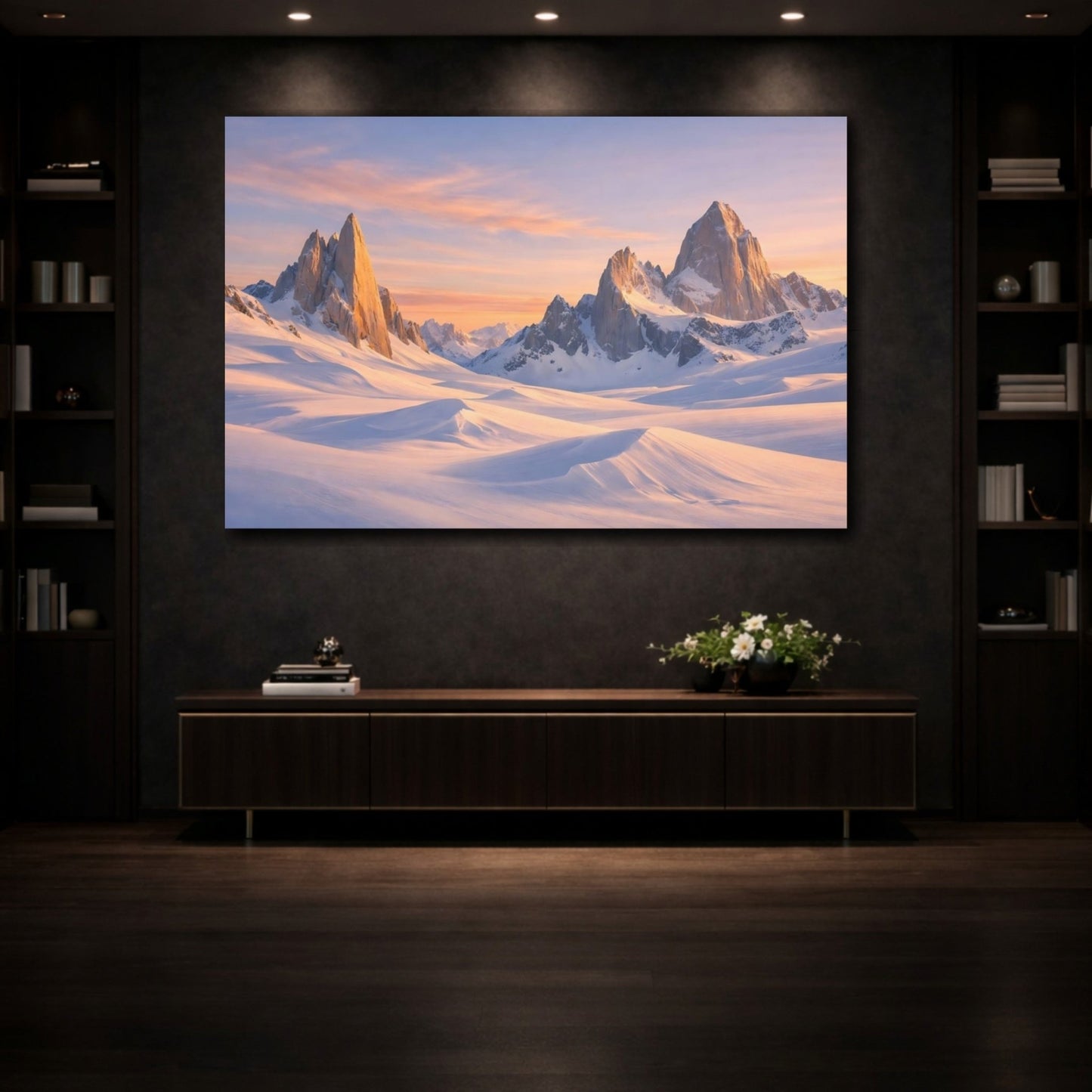 Nature Snowy Mountains Pink Sky - Canvas Wall Art Print - YesArtYes