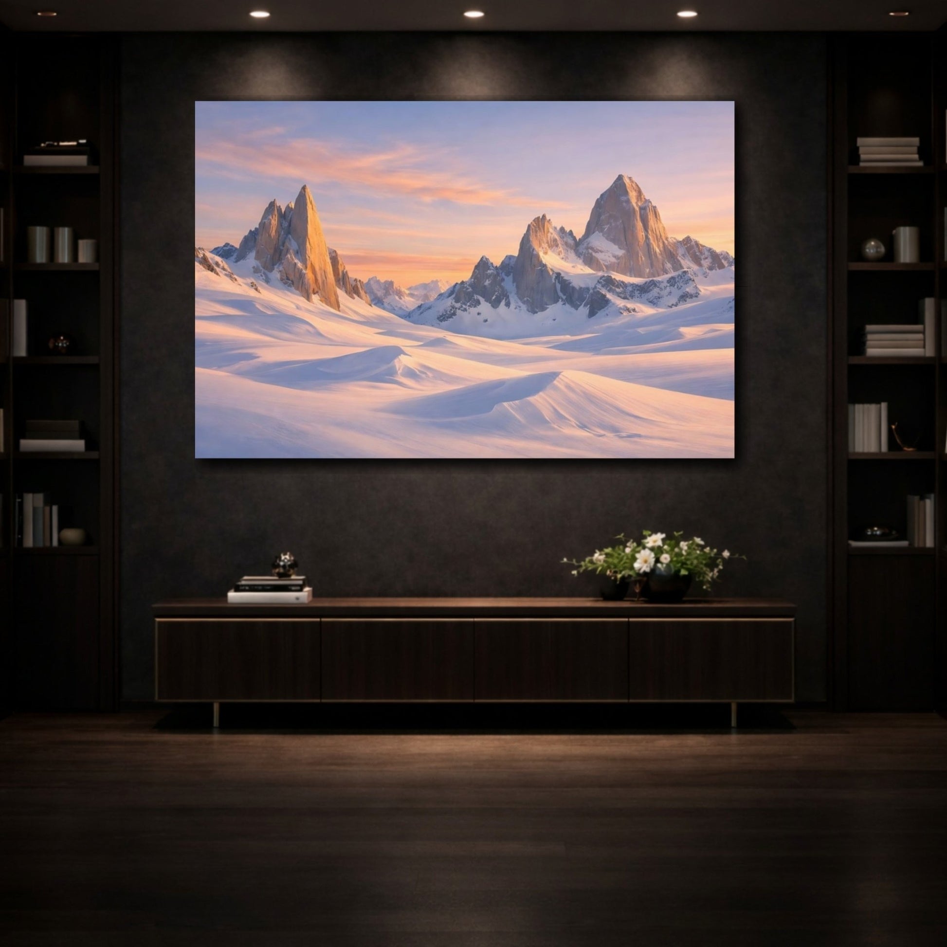Nature Snowy Mountains Pink Sky - Canvas Wall Art Print - YesArtYes