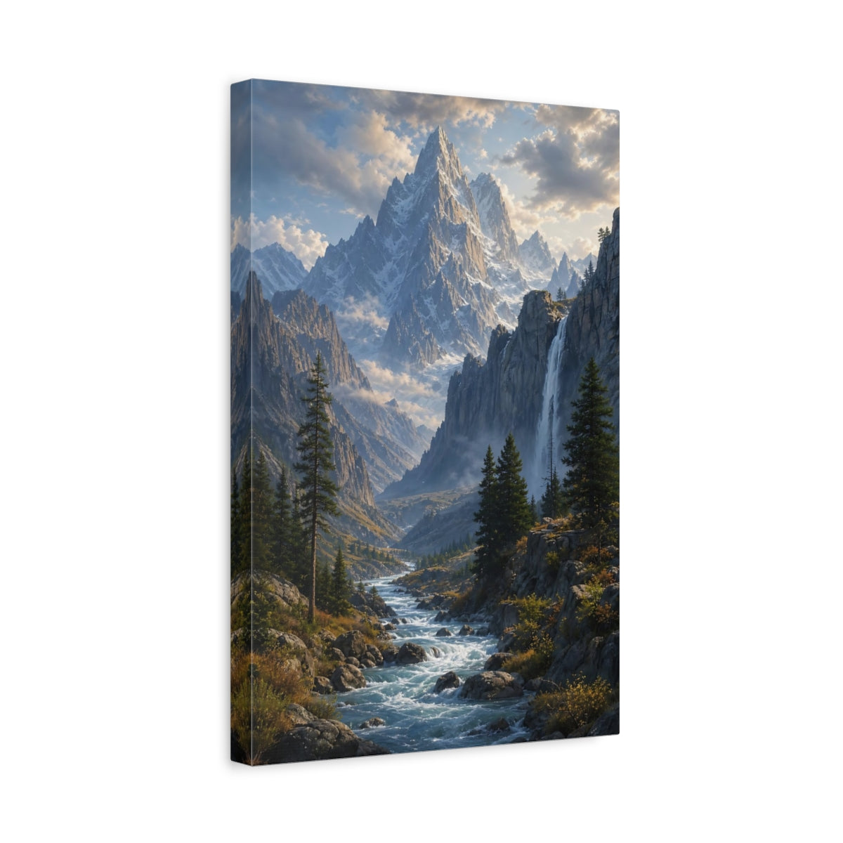Side Mockup 4. Nature Snowy Mountains Mountain River shown as stretched canvas wall art