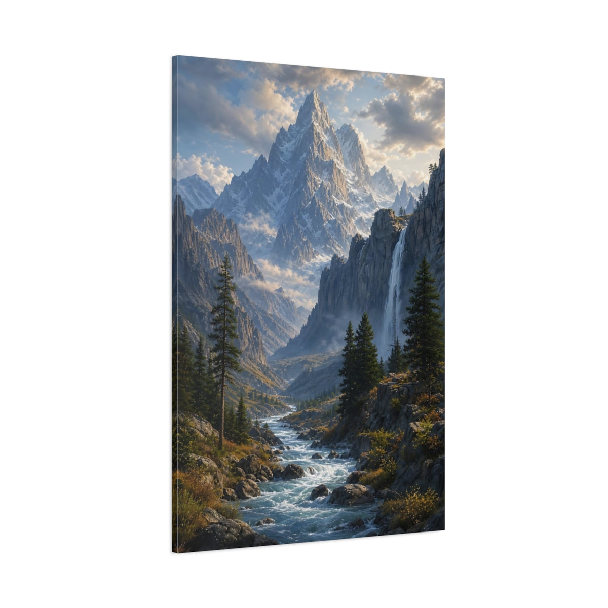 Side Mockup 1. Nature Snowy Mountains Mountain River shown as stretched canvas wall art