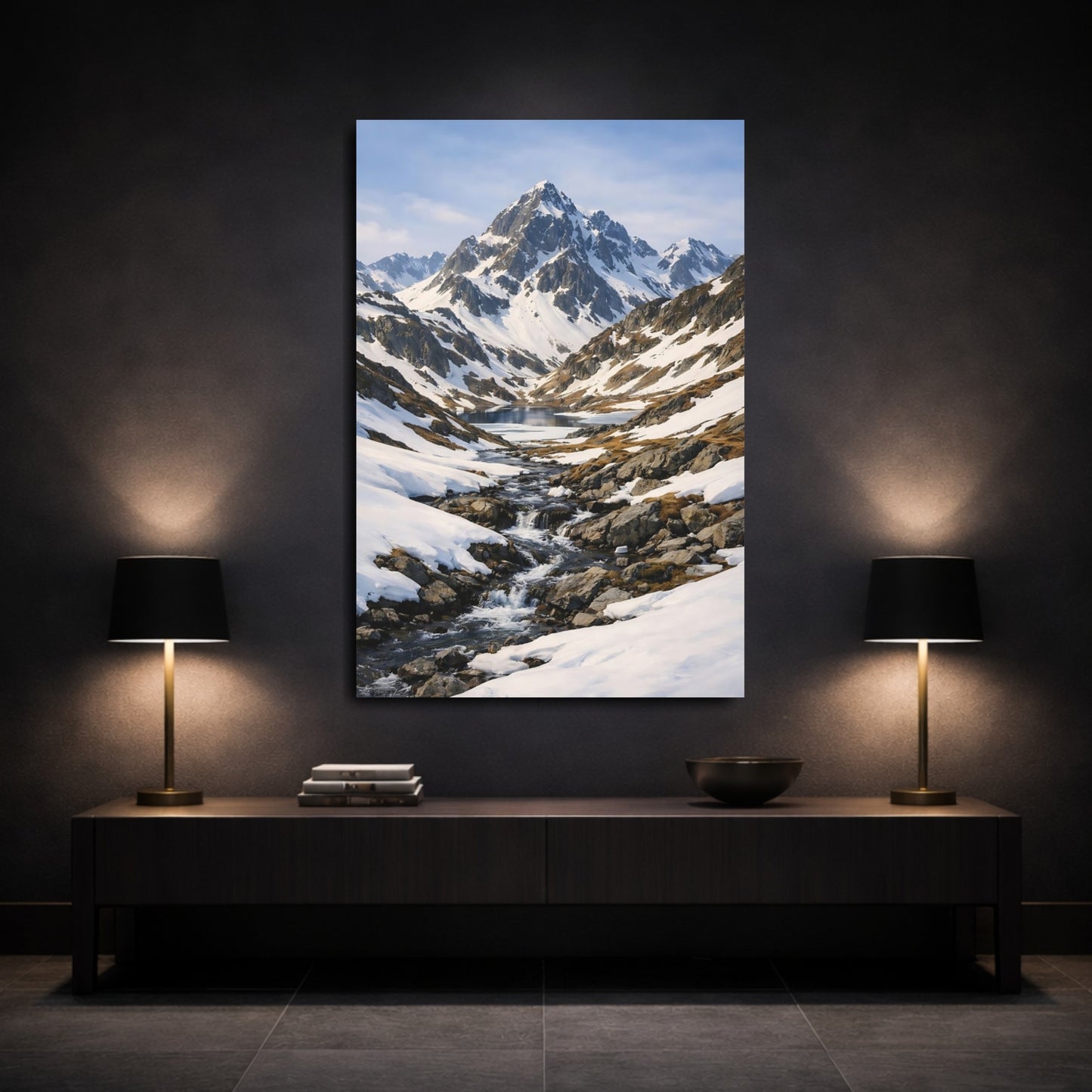 Mockup 2. Nature Snowy Mountains Snowy Blue Landscape shown as stretched canvas wall art