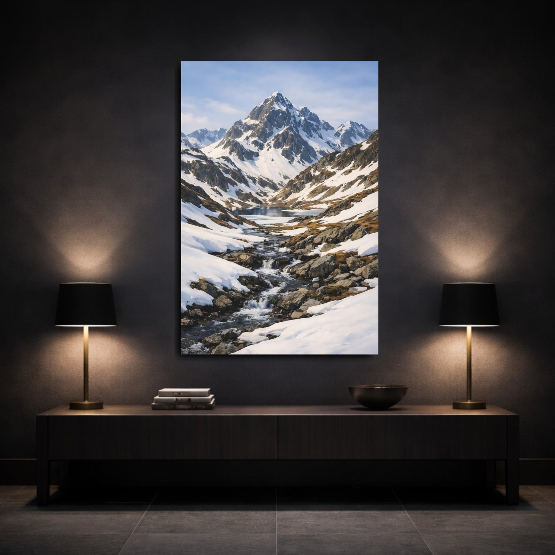 Mockup 2. Nature Snowy Mountains Snowy Blue Landscape shown as stretched canvas wall art