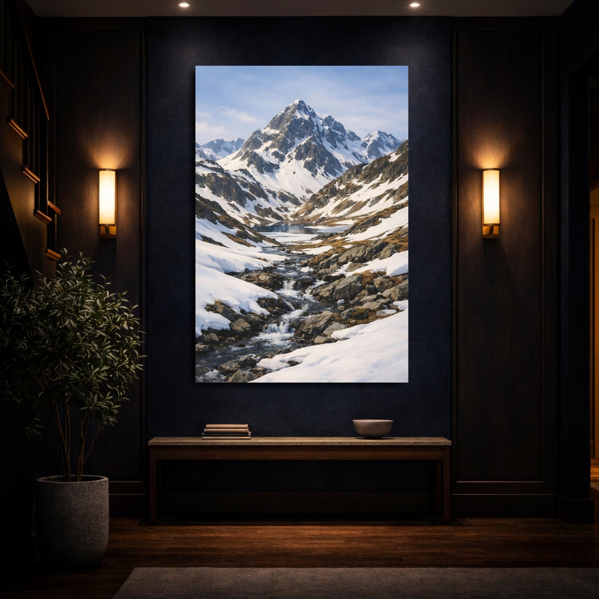 Mockup 3. Nature Snowy Mountains Snowy Blue Landscape shown as stretched canvas wall art