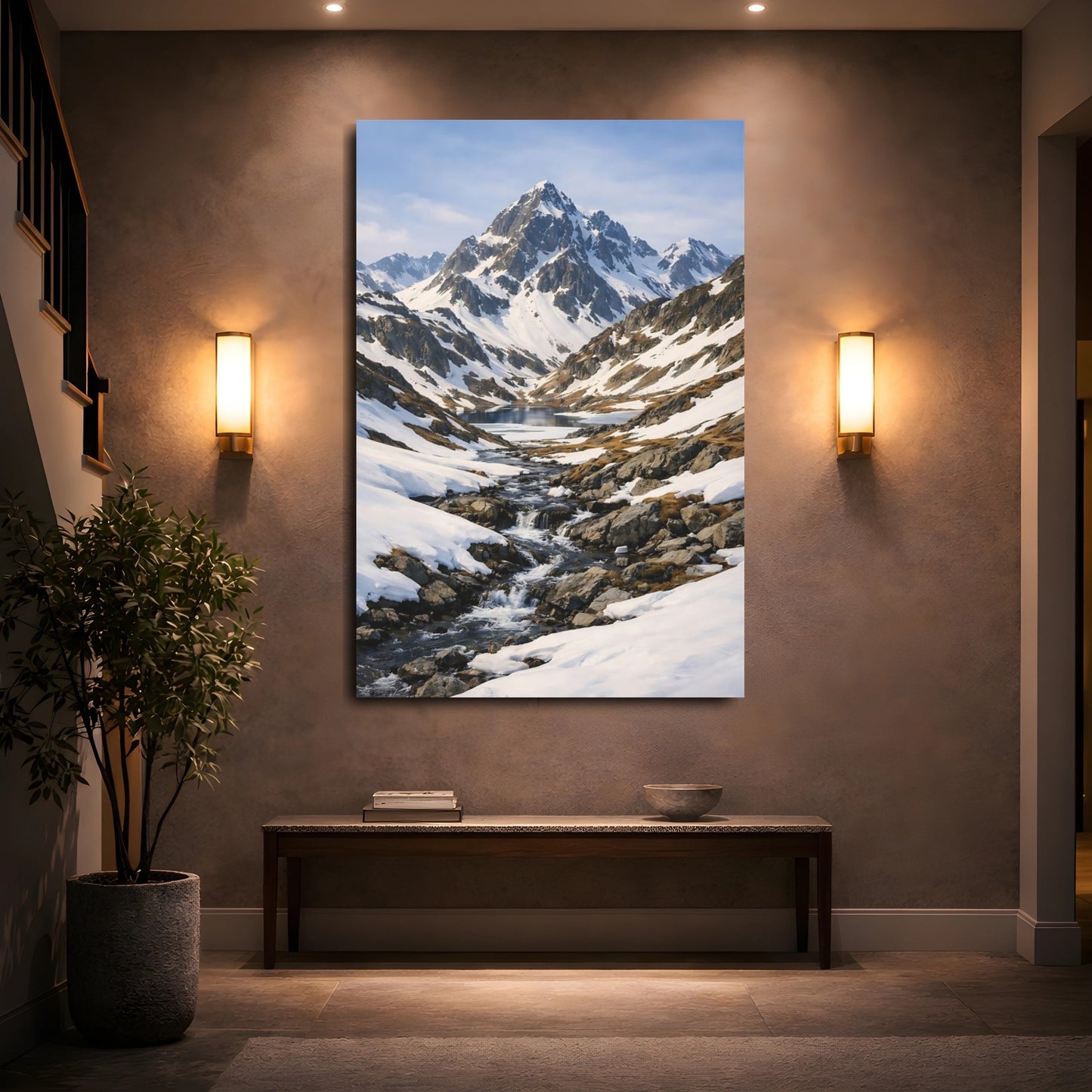 Mockup 4. Nature Snowy Mountains Snowy Blue Landscape shown as stretched canvas wall art