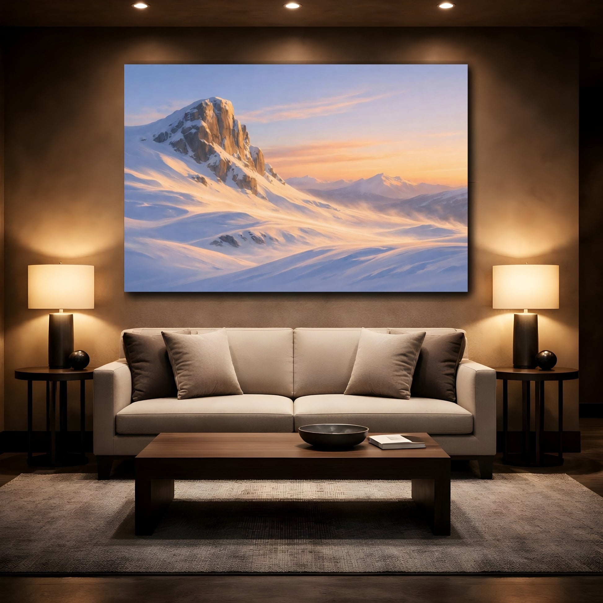 Mockup 2. Nature Snowy Mountains Snowy Mountain shown as stretched canvas wall art