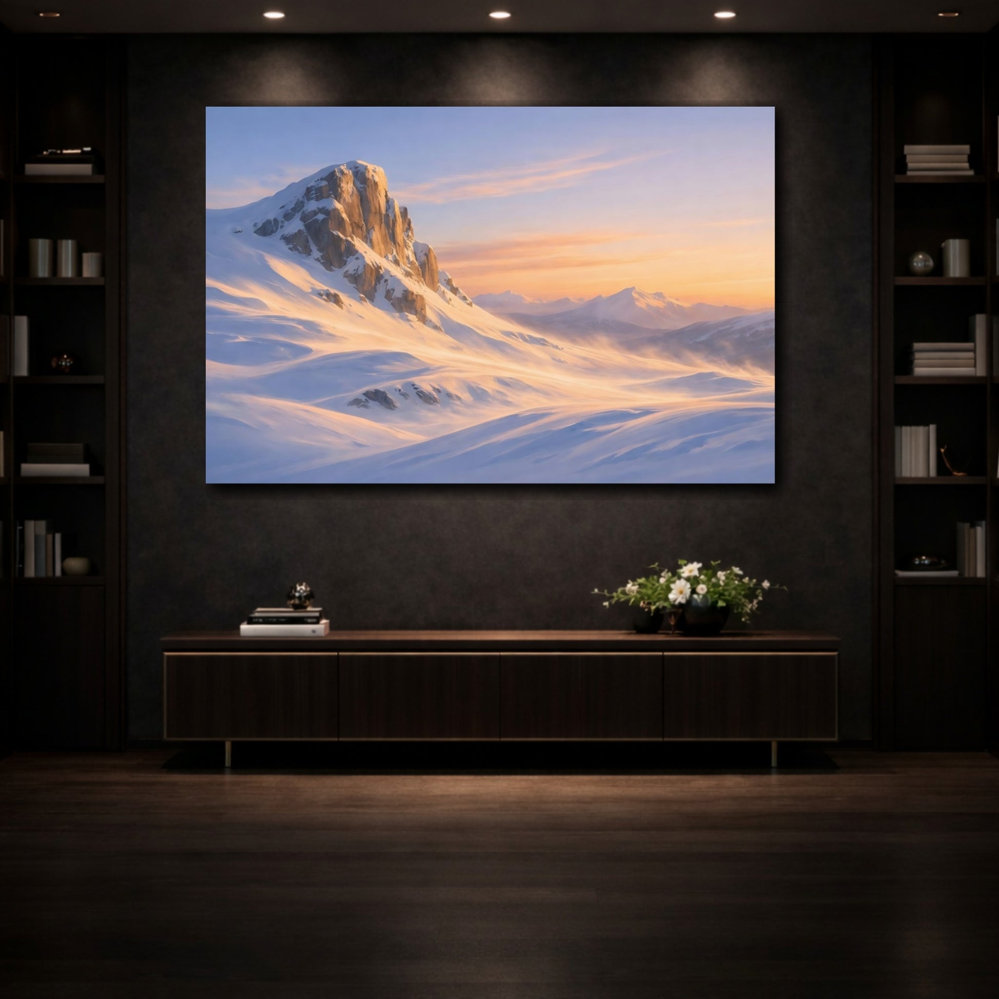 Mockup 3. Nature Snowy Mountains Snowy Mountain shown as stretched canvas wall art