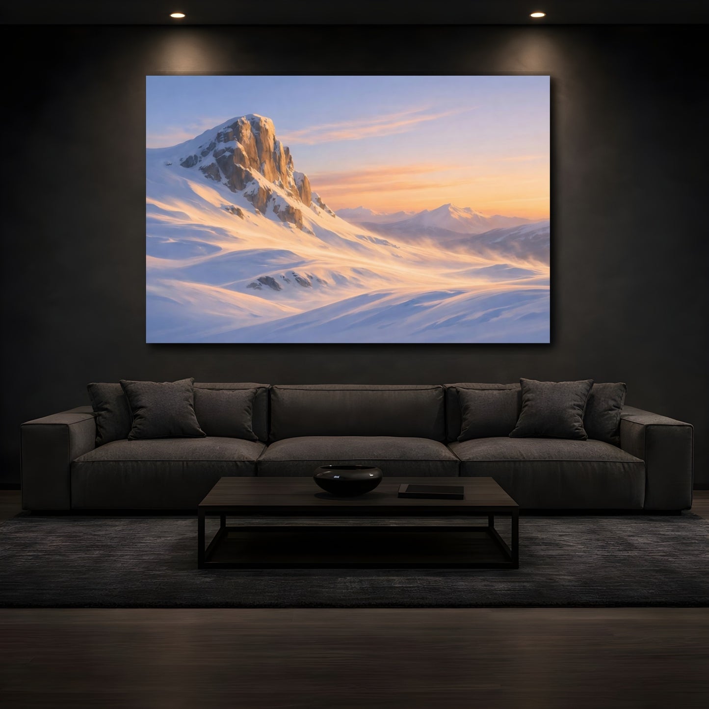 Mockup 4. Nature Snowy Mountains Snowy Mountain shown as stretched canvas wall art