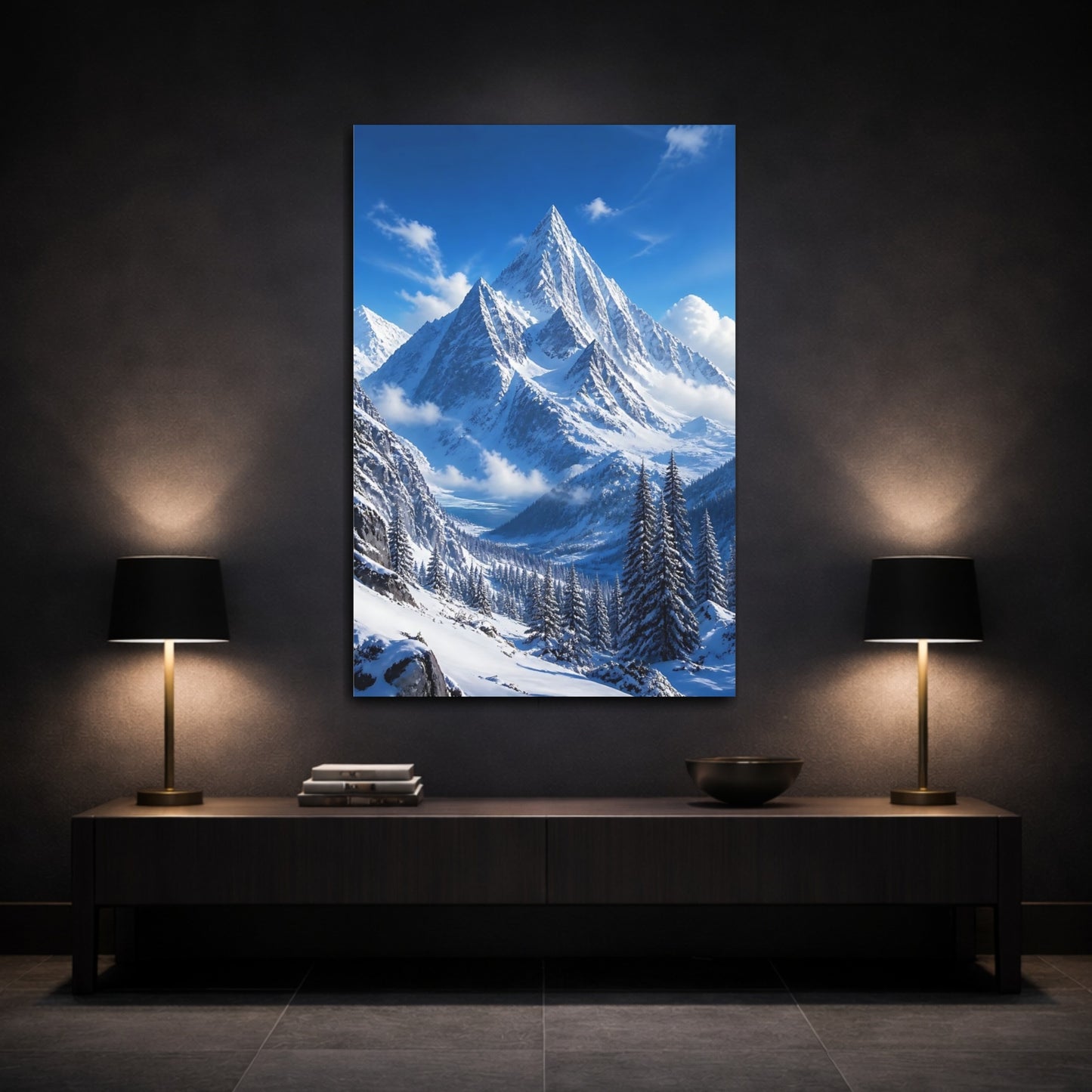 Mockup 3. Nature Snowy Mountains Snowy Mountains Blue shown as stretched canvas wall art