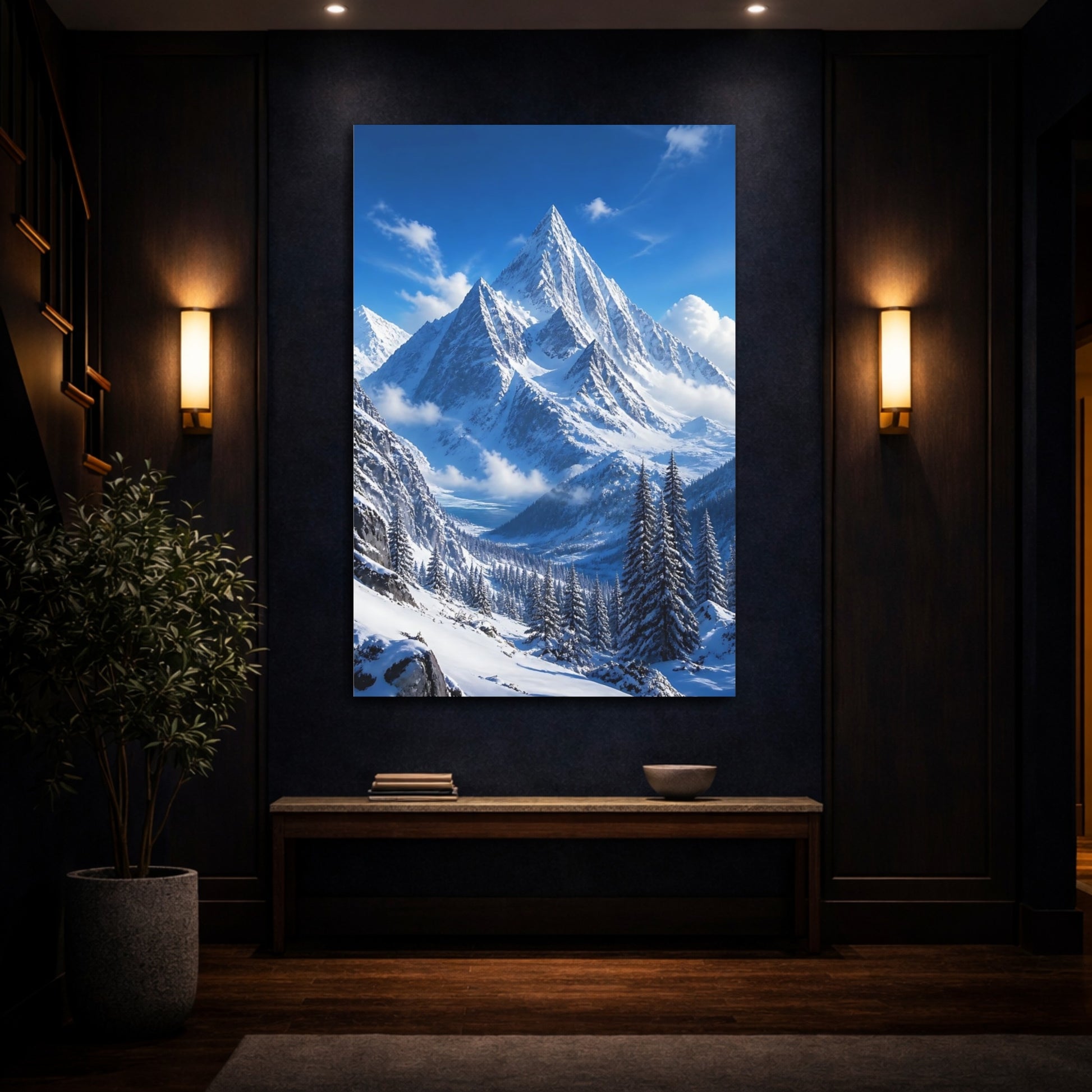 Mockup 4. Nature Snowy Mountains Snowy Mountains Blue shown as stretched canvas wall art