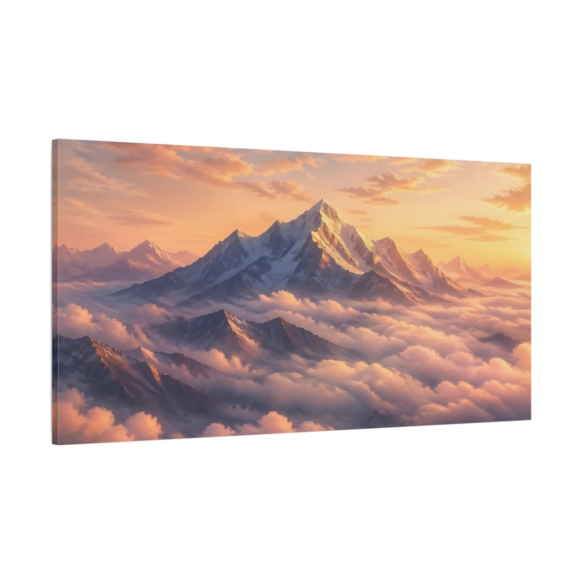 Side Mockup 2. Nature Snowy Mountains Sunset Mountains shown as stretched canvas wall art
