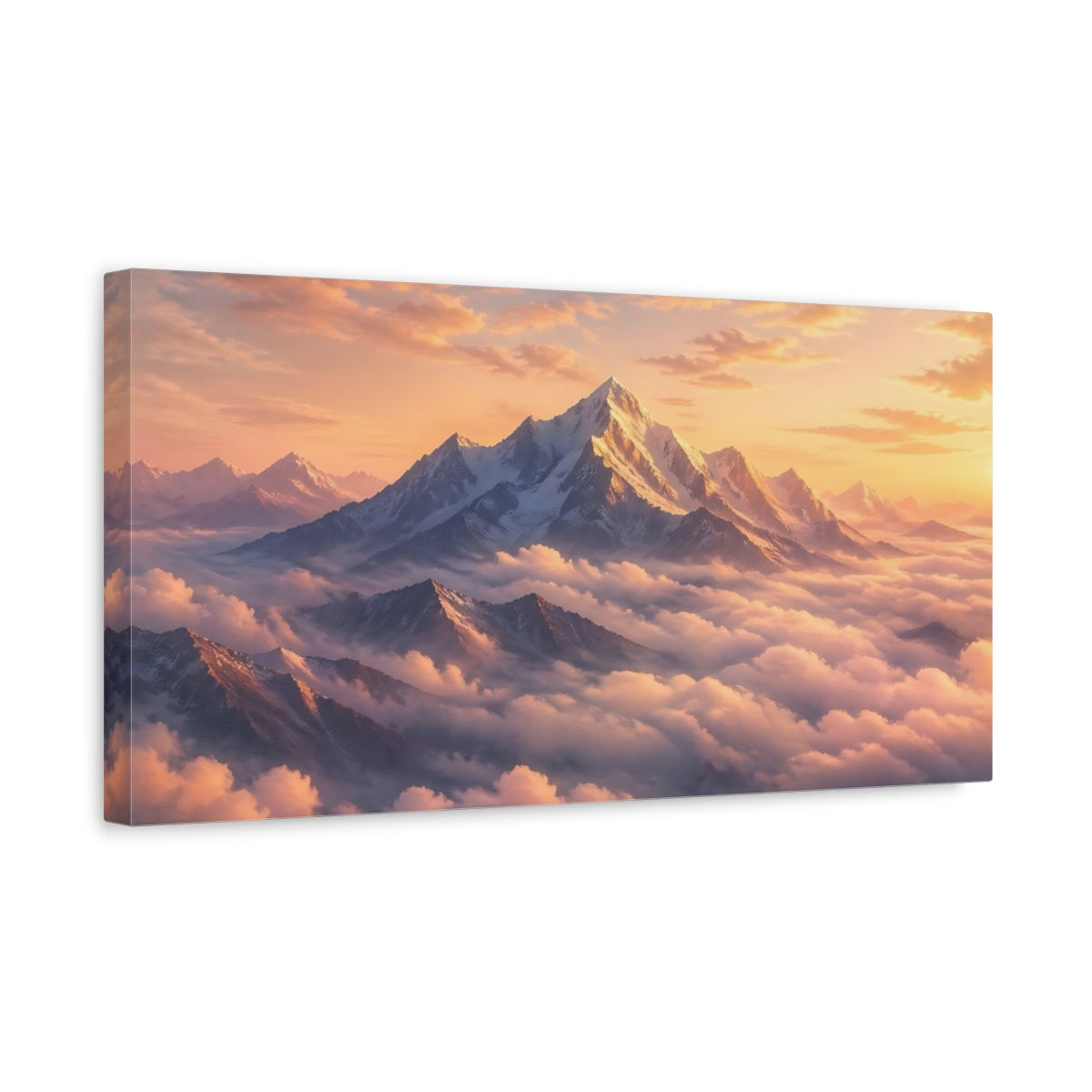 Side Mockup 3. Nature Snowy Mountains Sunset Mountains shown as stretched canvas wall art