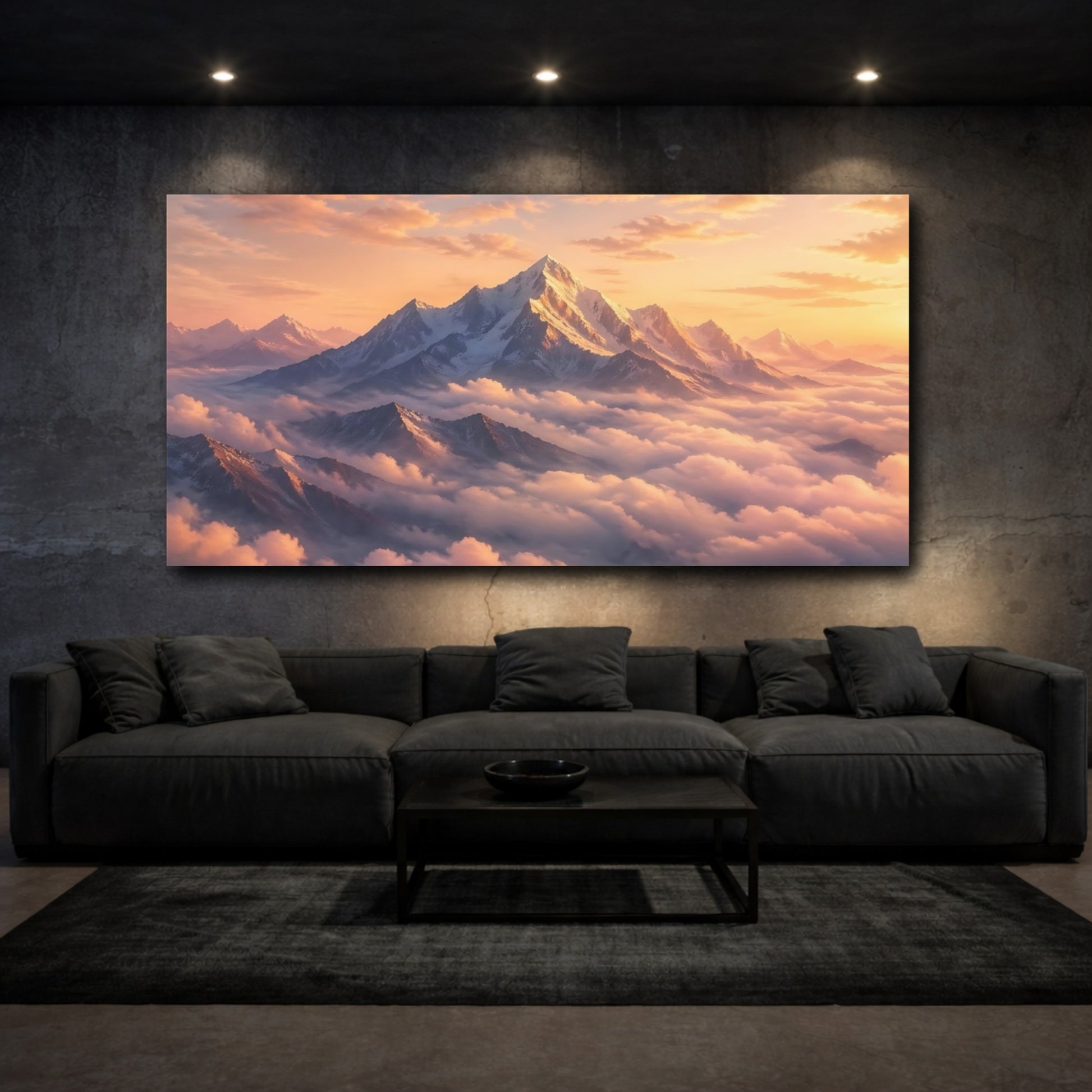 Mockup 2. Nature Snowy Mountains Sunset Mountains shown as stretched canvas wall art