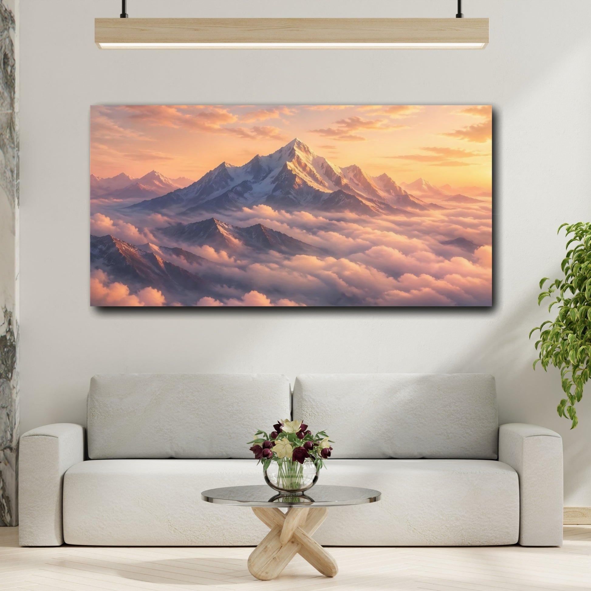 Mockup 3. Nature Snowy Mountains Sunset Mountains shown as stretched canvas wall art