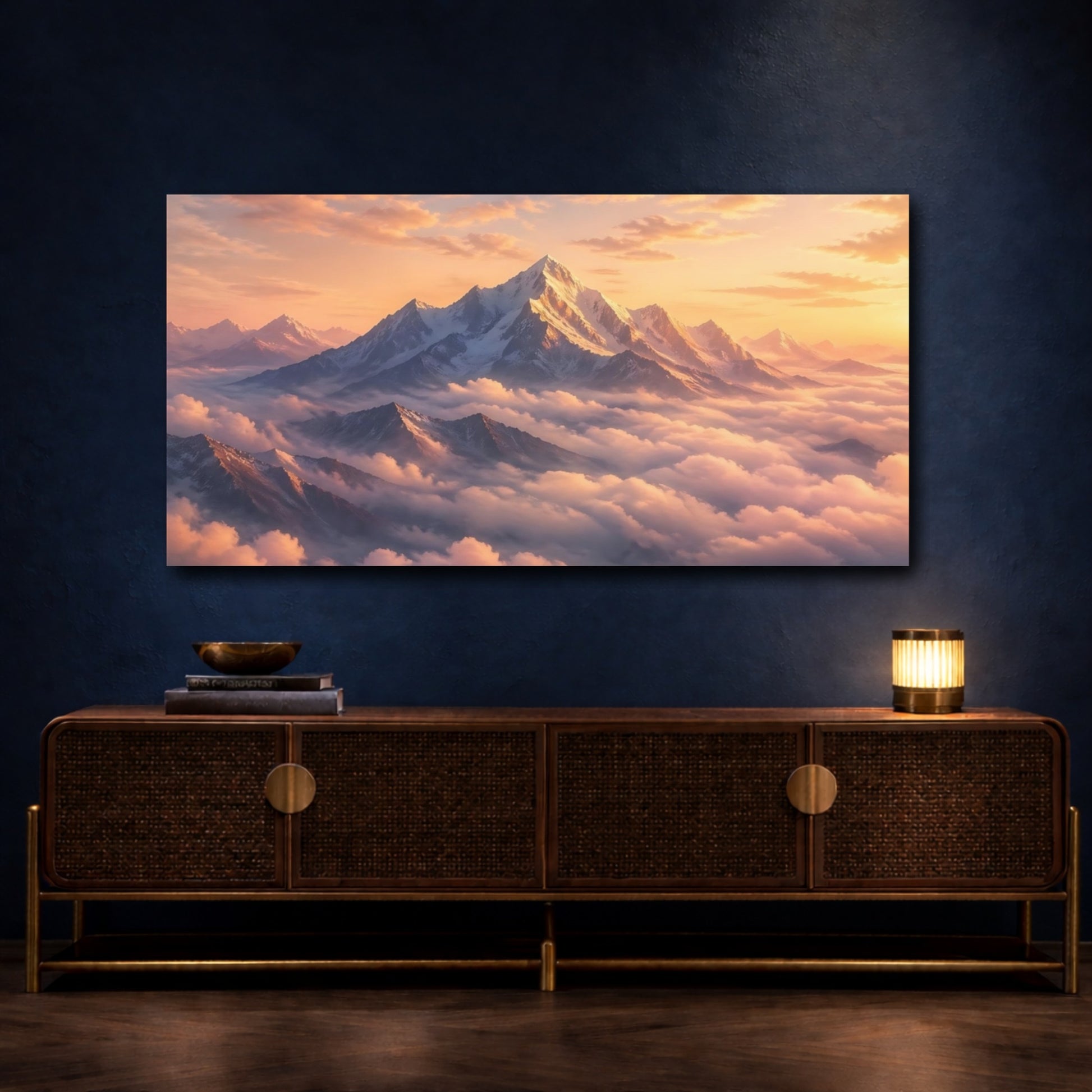 Mockup 4. Nature Snowy Mountains Sunset Mountains shown as stretched canvas wall art