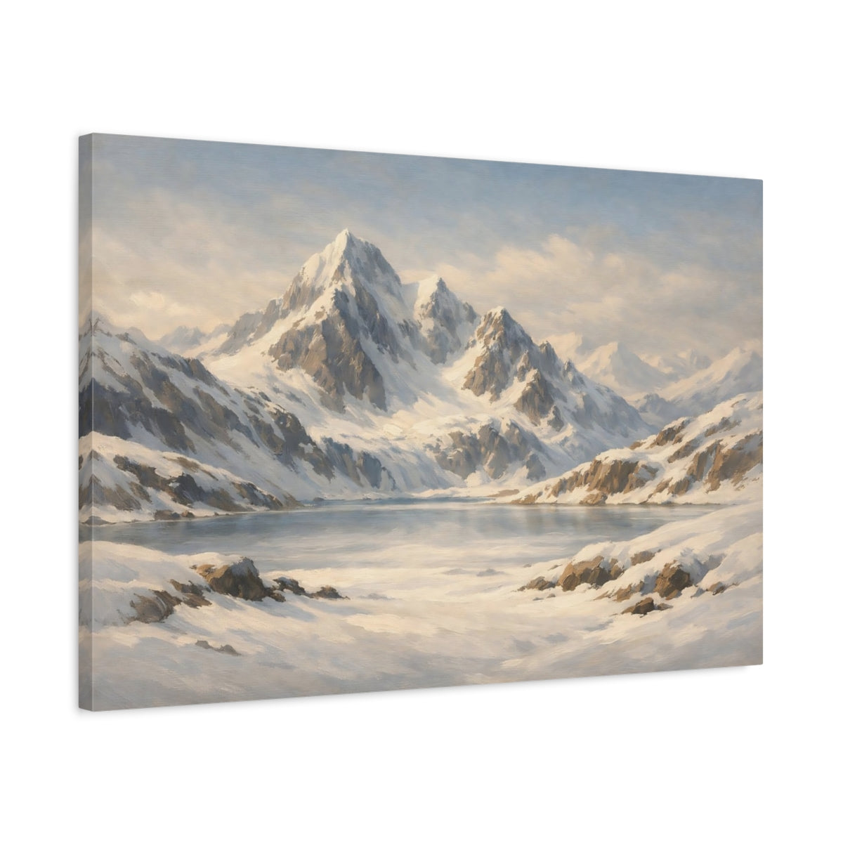 Side Mockup 2. Nature Snowy Mountains White And Blue Mountains shown as stretched canvas wall art