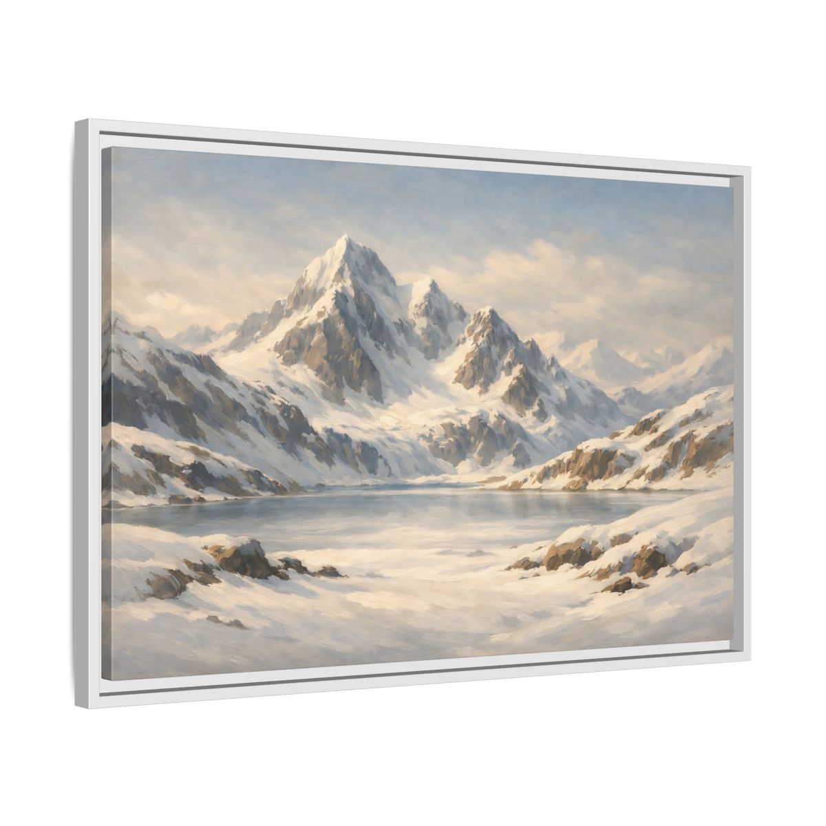 Side Mockup 10. Nature Snowy Mountains White And Blue shown as stretched canvas wall art