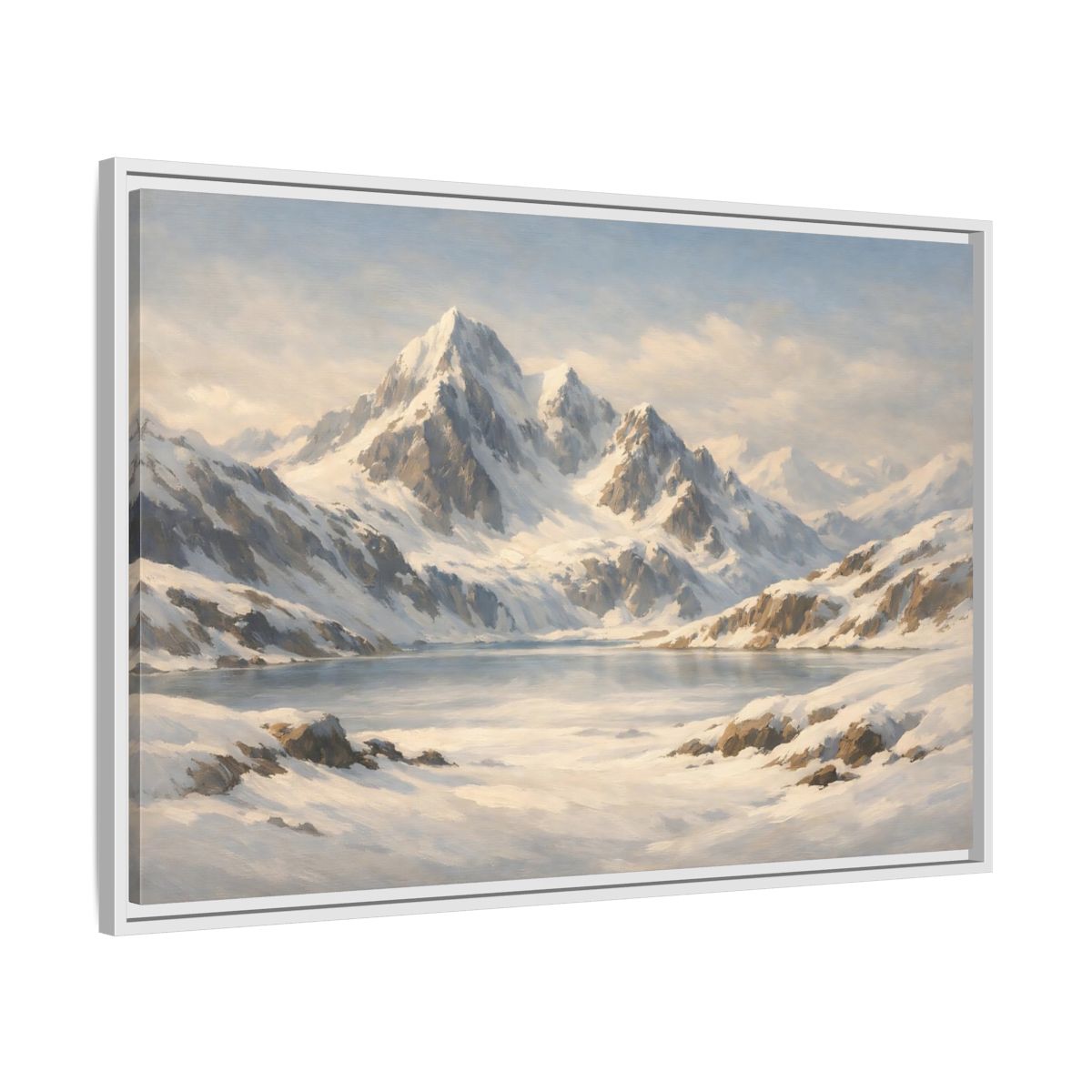 Side Mockup 8. Nature Snowy Mountains White And Blue shown as stretched canvas wall art