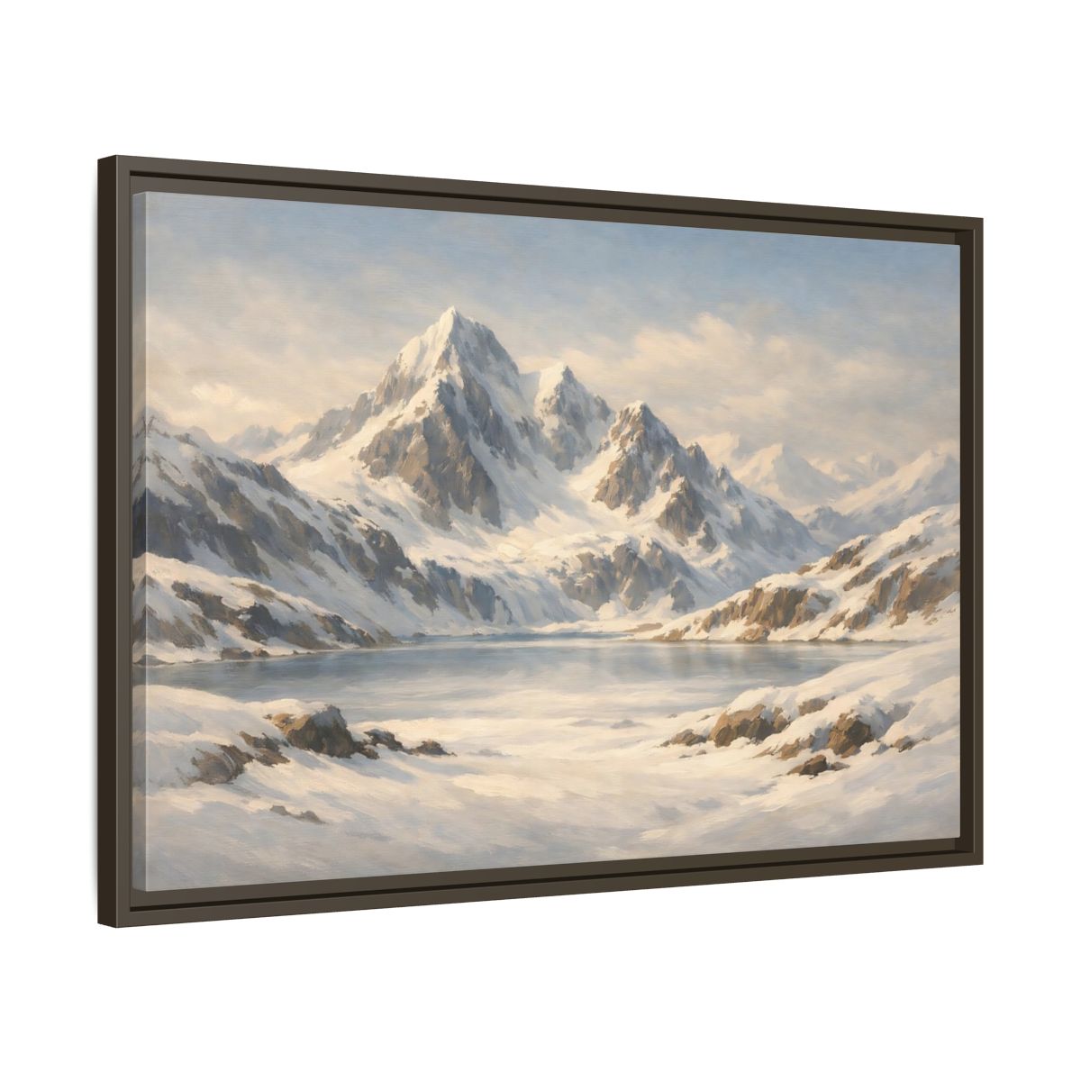 Side Mockup 11. Nature Snowy Mountains White And Blue shown as stretched canvas wall art