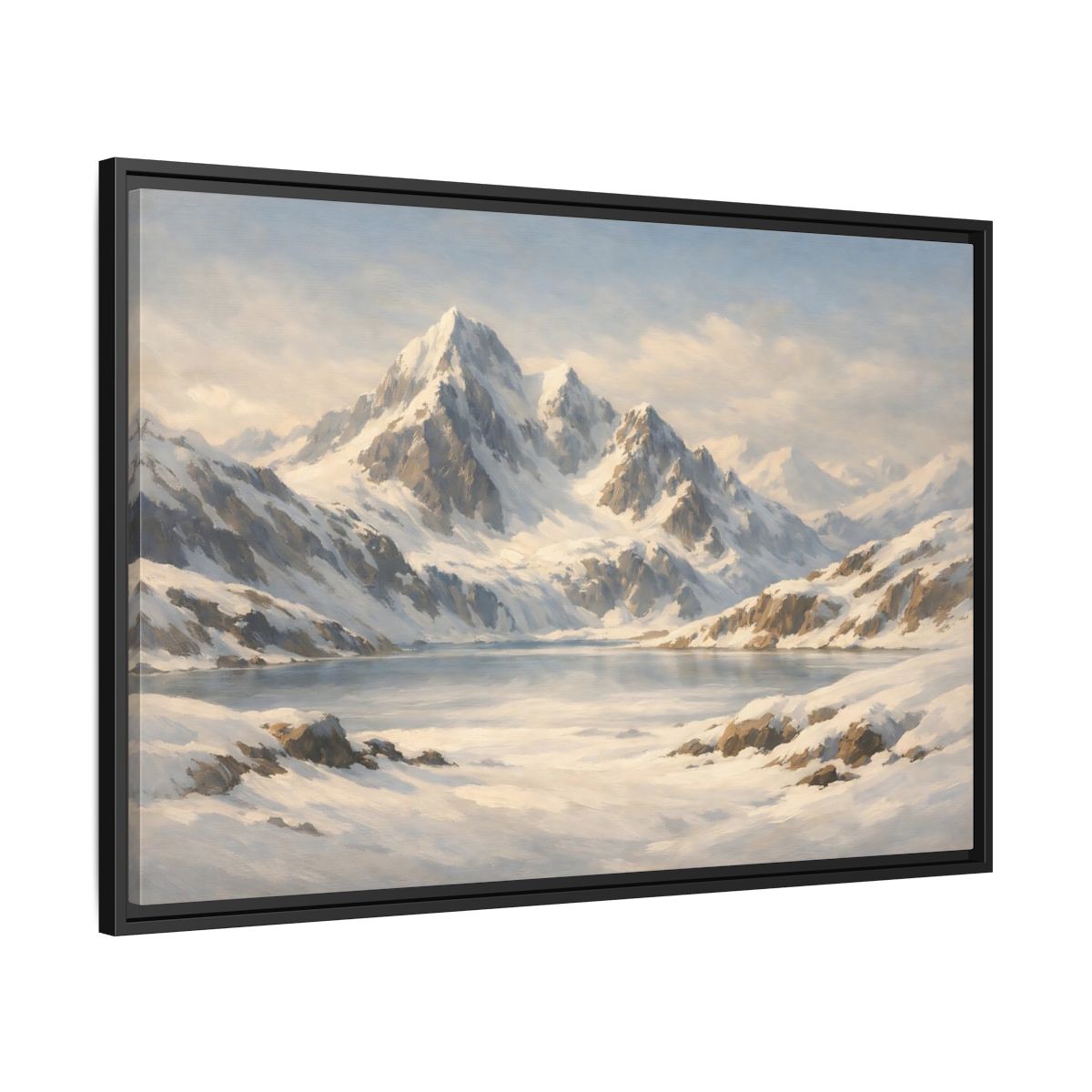 Side Mockup 13. Nature Snowy Mountains White And Blue shown as stretched canvas wall art