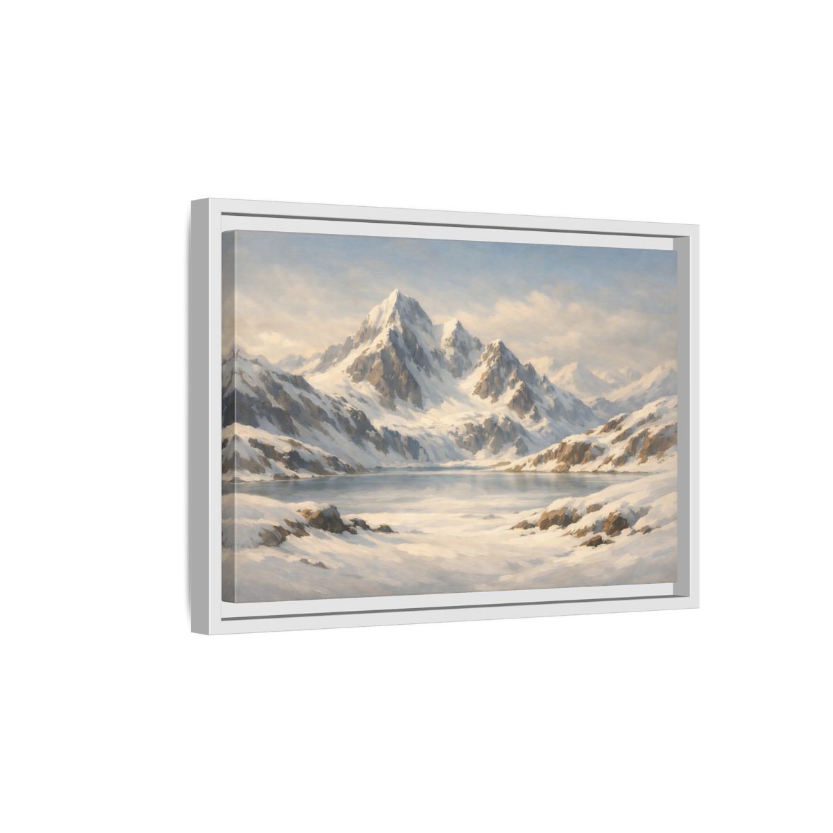 Side Mockup 4. Nature Snowy Mountains White And Blue shown as stretched canvas wall art