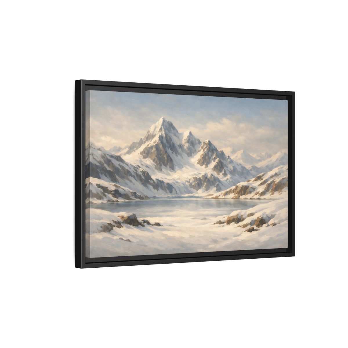 Side Mockup 3. Nature Snowy Mountains White And Blue shown as stretched canvas wall art