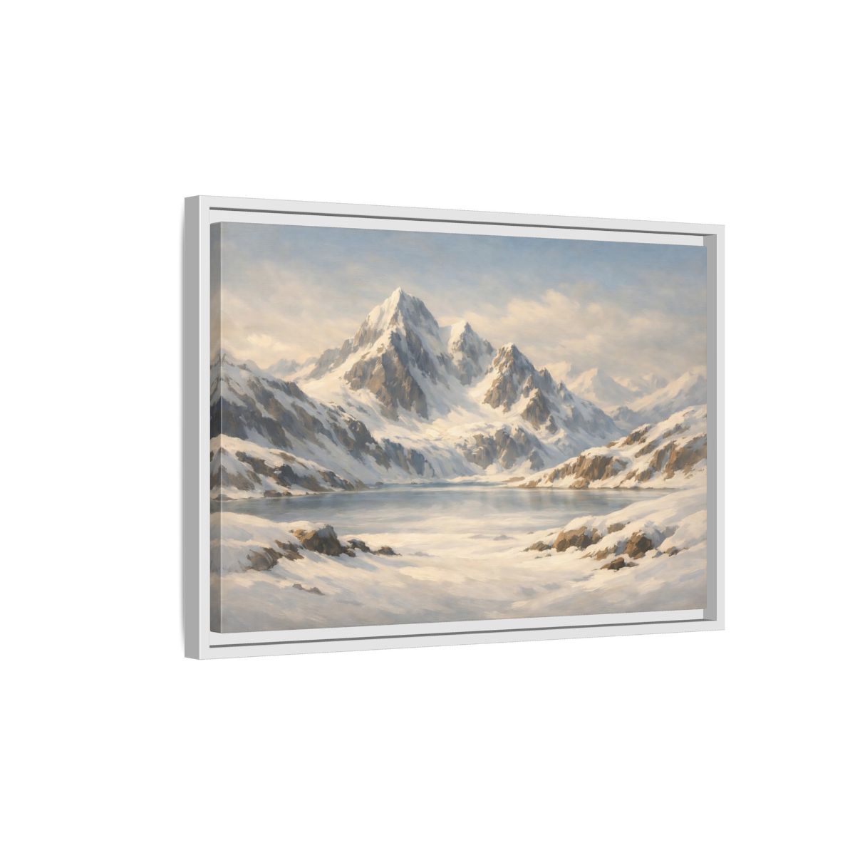 Side Mockup 1. Nature Snowy Mountains White And Blue shown as stretched canvas wall art