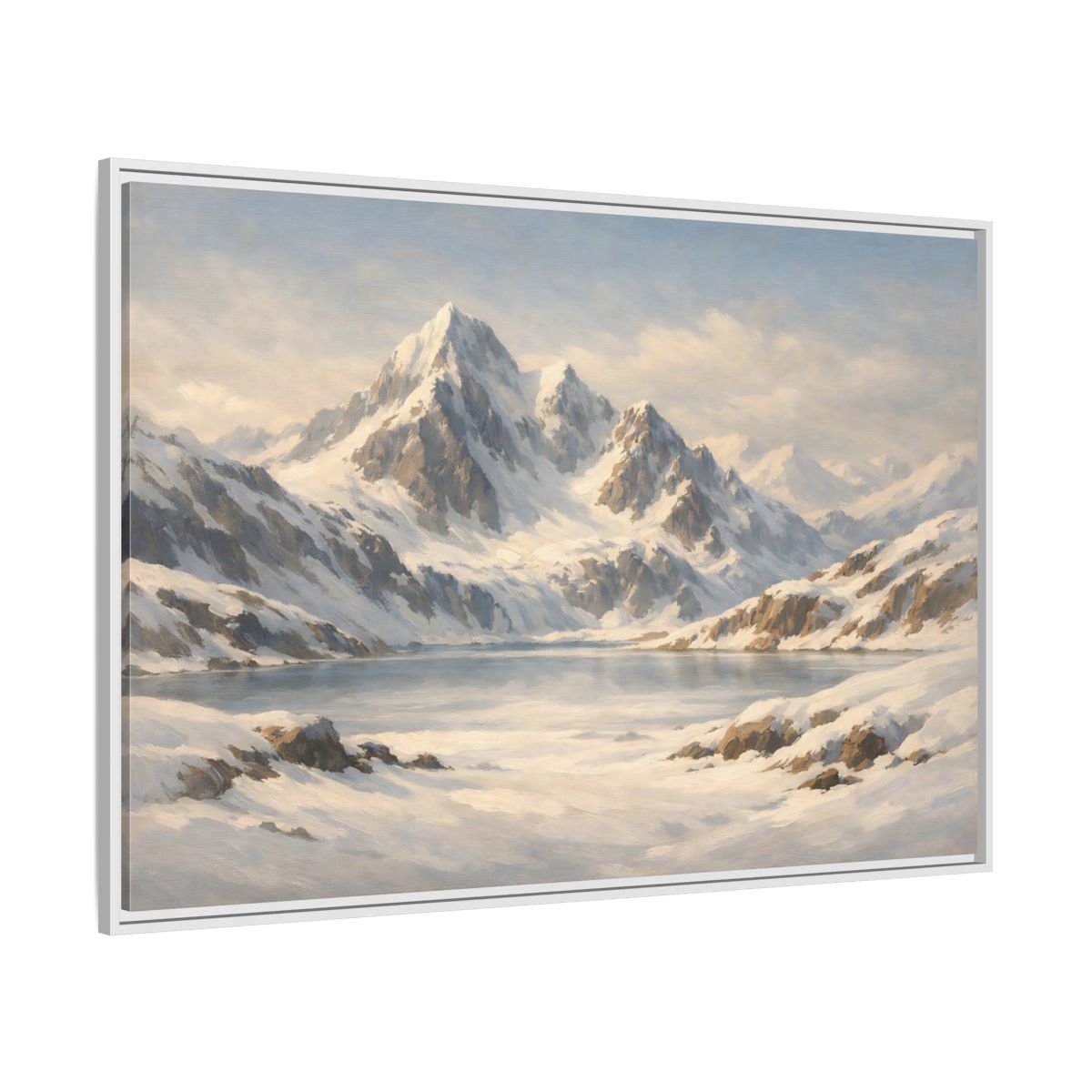 Side Mockup 7. Nature Snowy Mountains White And Blue shown as stretched canvas wall art