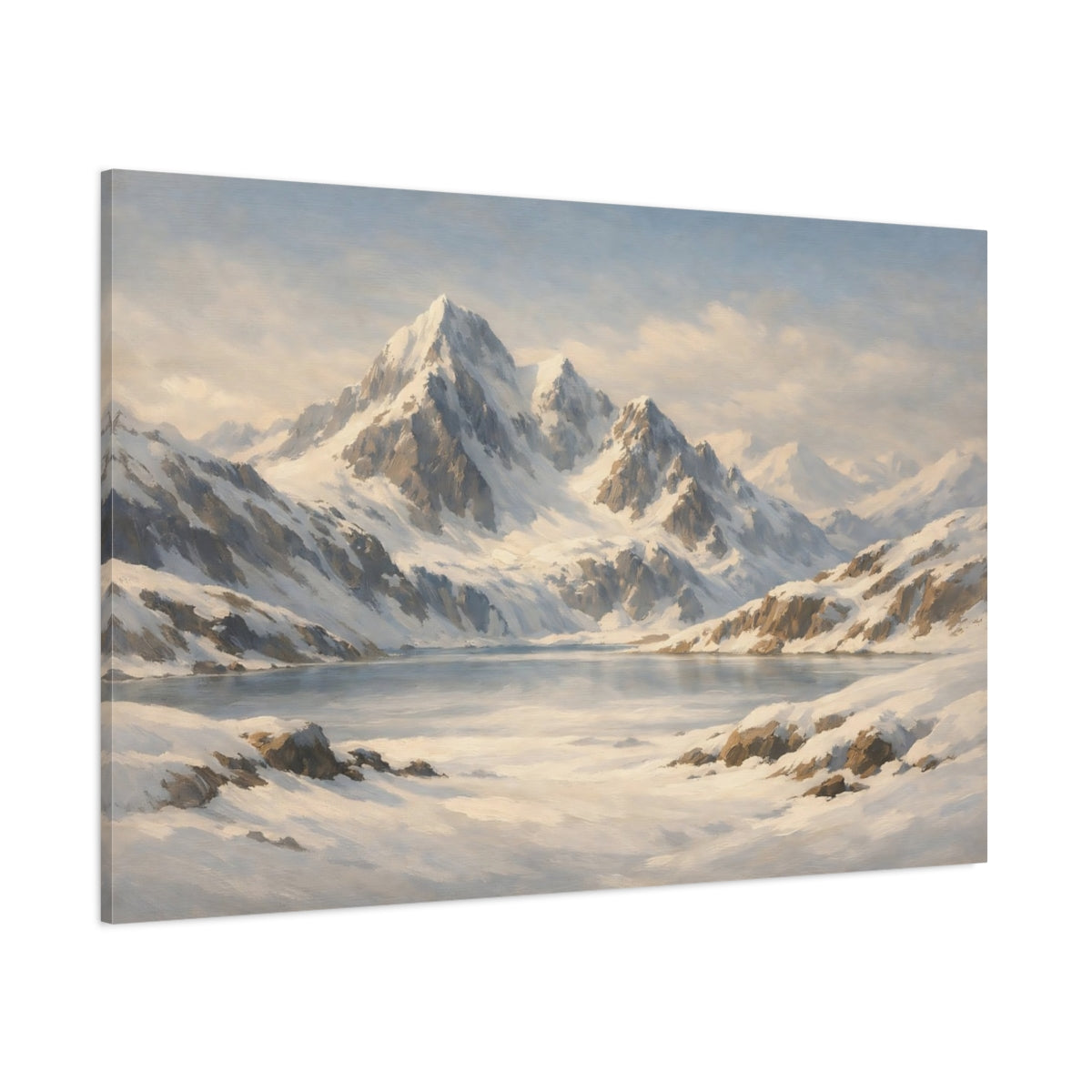 Main Mockup. Nature Snowy Mountains White And Blue Mountains shown as stretched canvas wall art