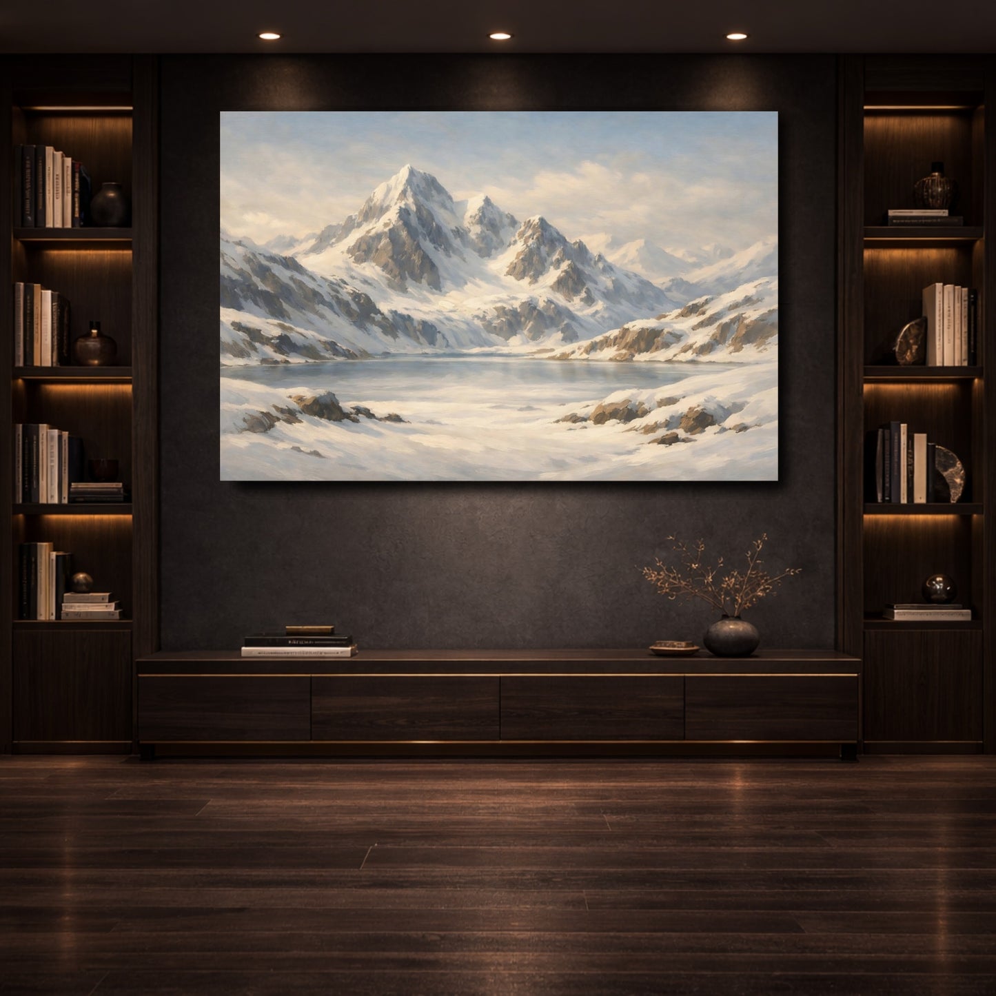 Mockup 3. Nature Snowy Mountains White And Blue Mountains shown as stretched canvas wall art
