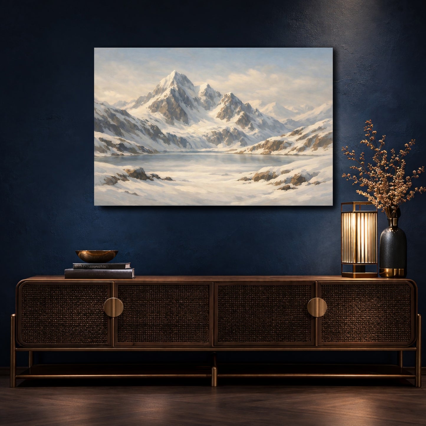 Mockup 4. Nature Snowy Mountains White And Blue Mountains shown as stretched canvas wall art
