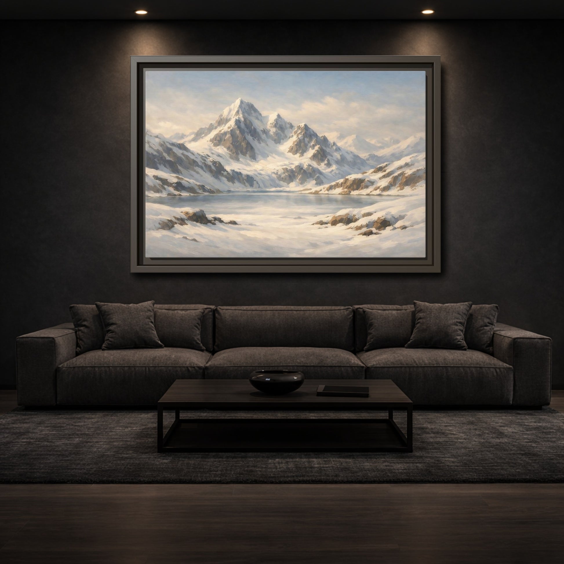 Mockup 2. Nature Snowy Mountains White And Blue shown as stretched canvas wall art