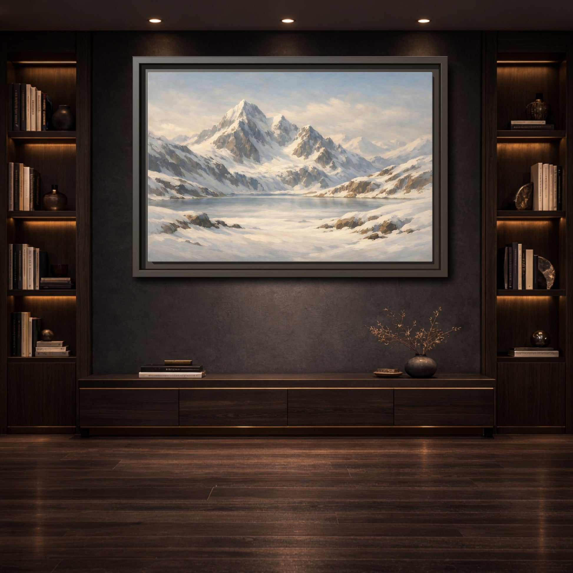 Mockup 3. Nature Snowy Mountains White And Blue shown as stretched canvas wall art