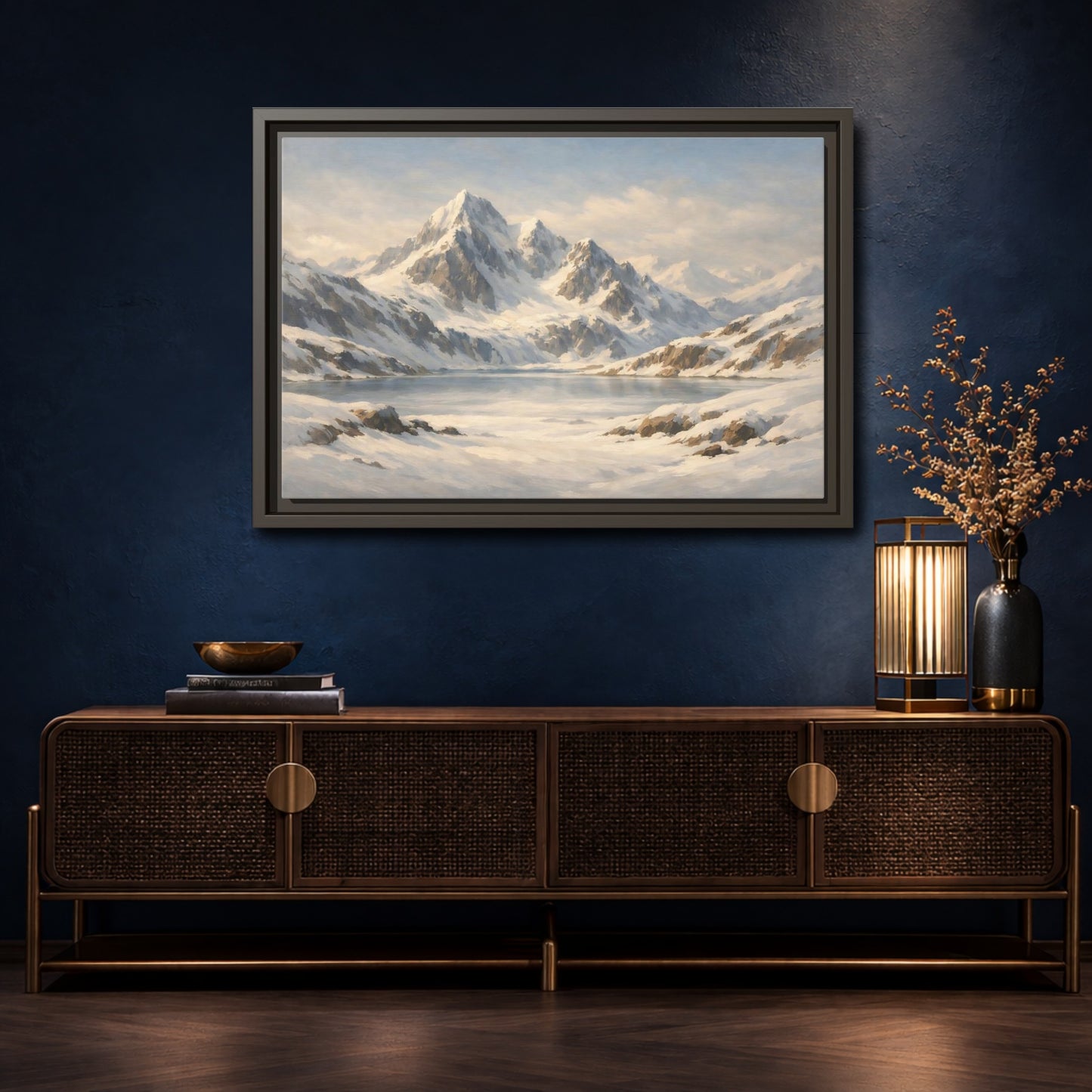 Mockup 4. Nature Snowy Mountains White And Blue shown as stretched canvas wall art